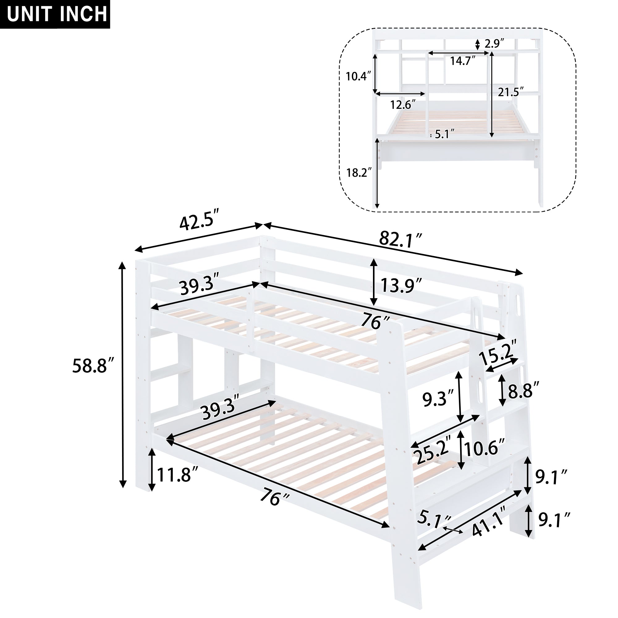 Twin over Twin Bunk Bed with Shelves and Built-in Ladder, White