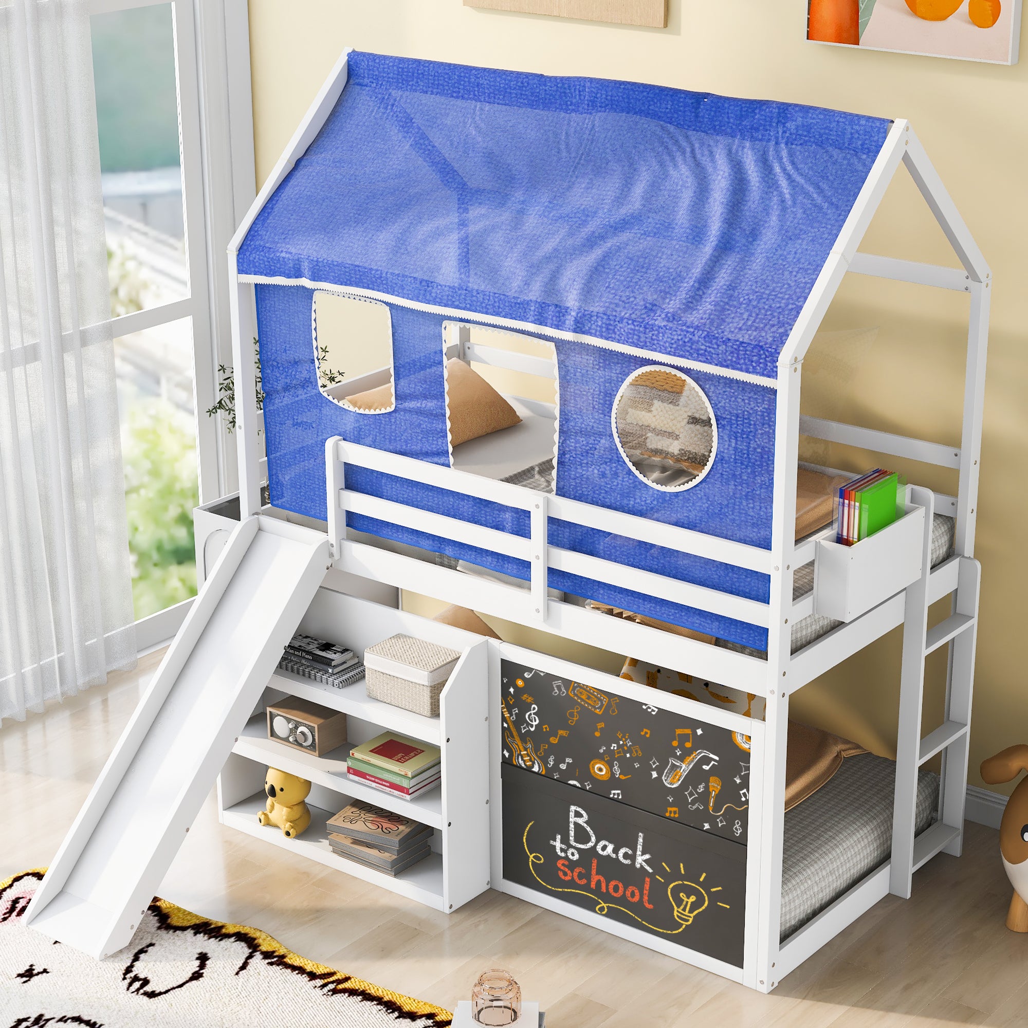 Twin over Twin House Bunk Bed with Blue Tent, Slide, Shelves and Blackboard, White