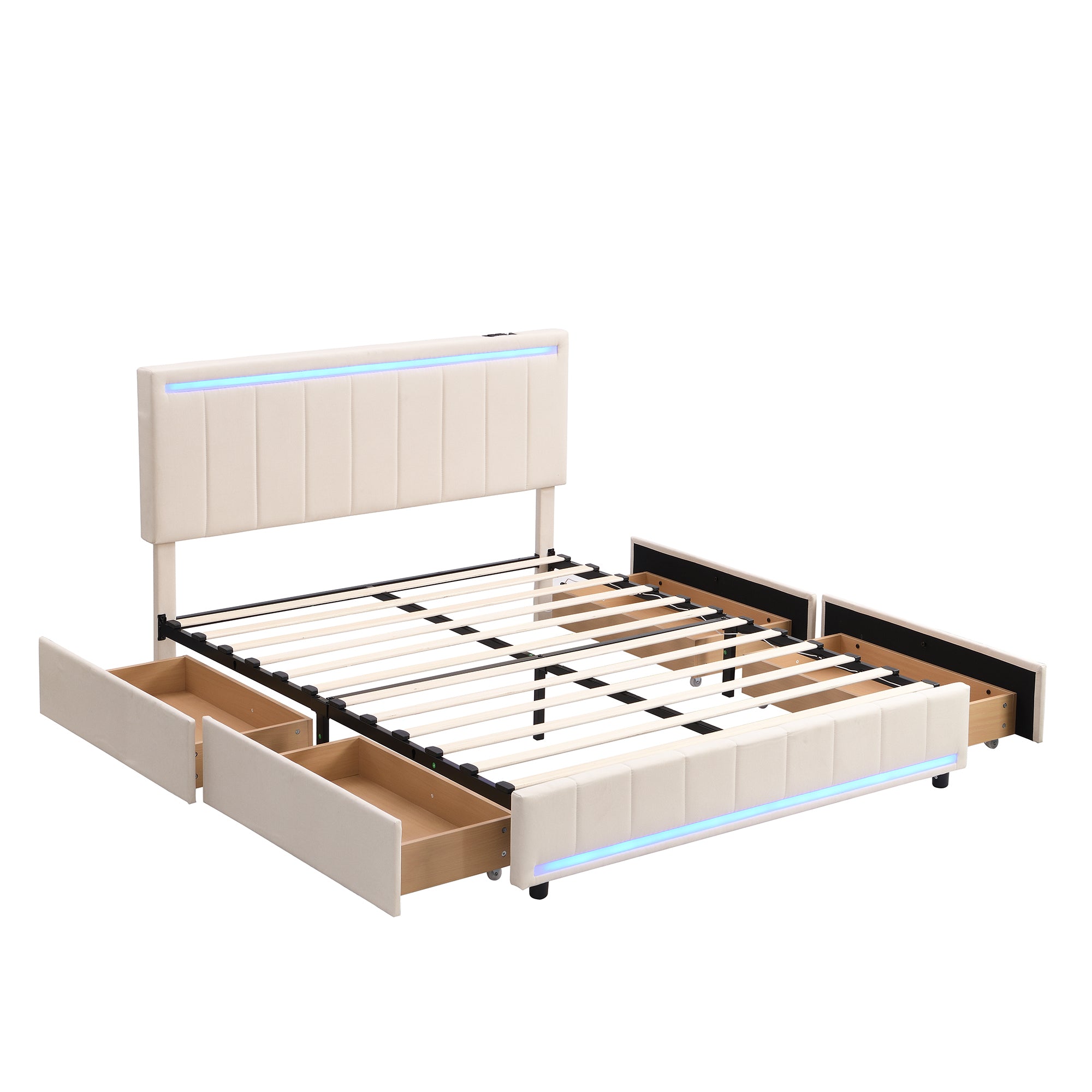 Queen Size Upholstered Bed with LED Light and 4 Drawers, Modern Platform Bed with a set of Sockets and USB Ports, Linen Fabric, Beige