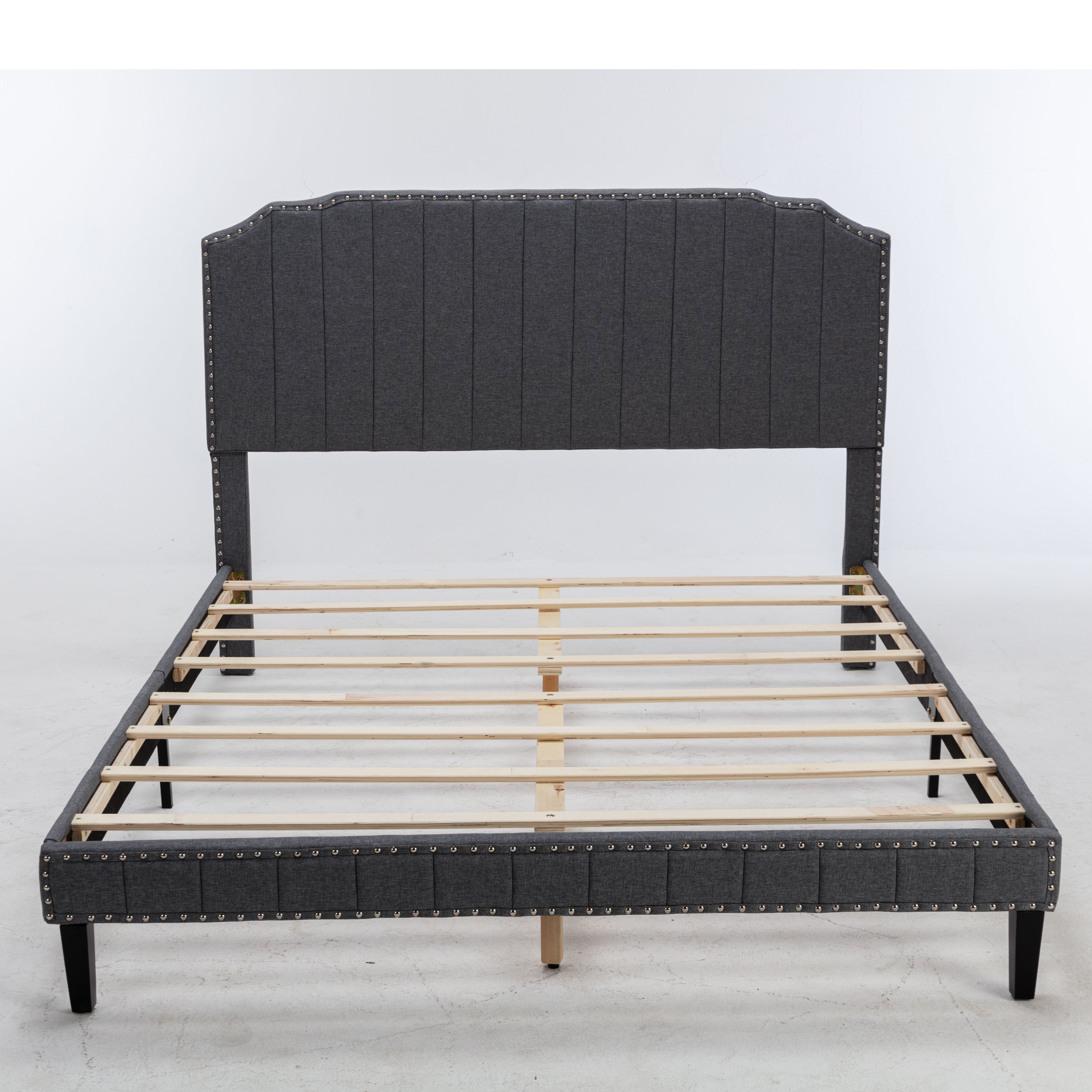 DongHeng Queen Size Bed with Headboard, Modern Linen Curved Upholstered Platform Bed , Solid Wood Frame , Nailhead Trim, Gray