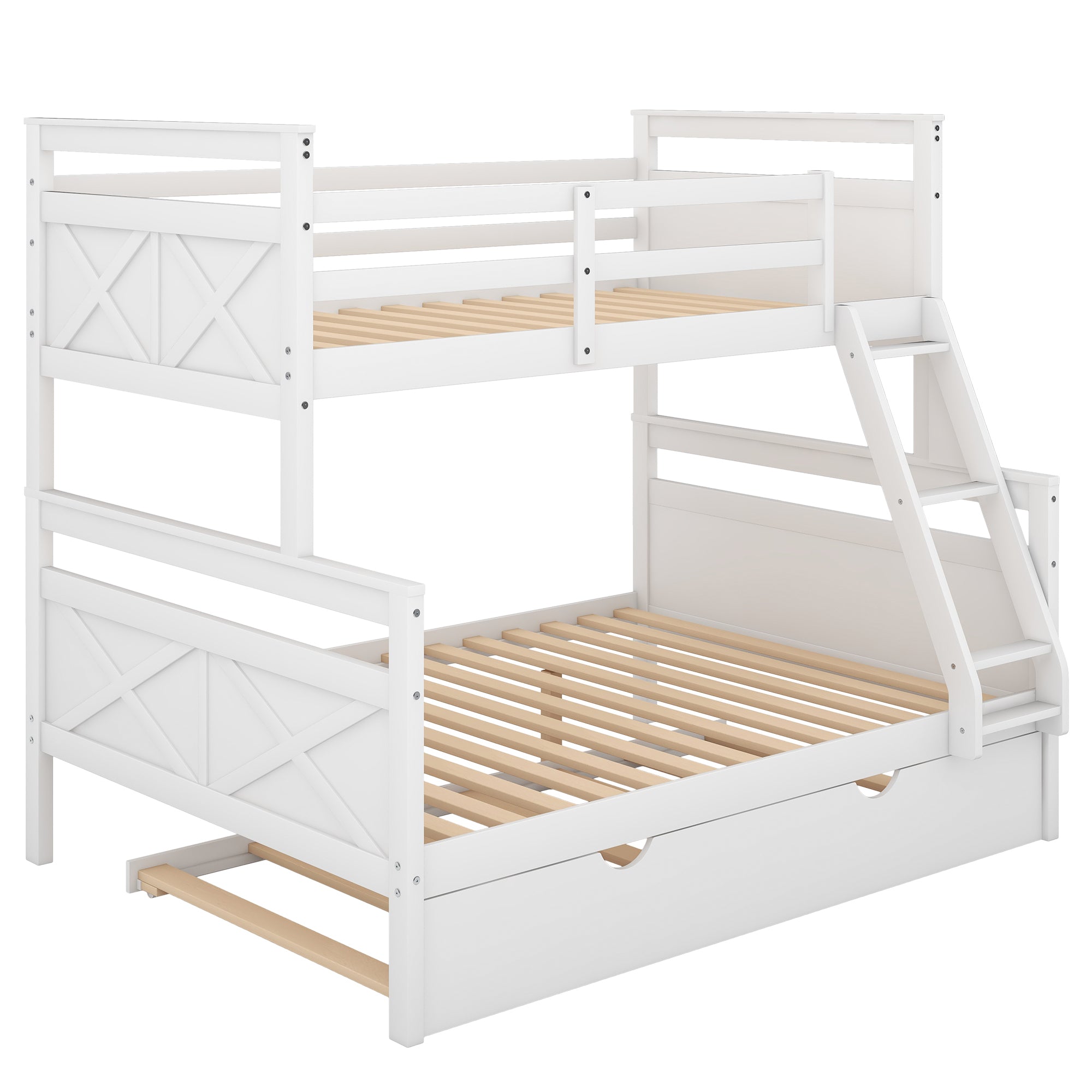 Twin over Full Bunk Bed with Ladder, Twin Size Trundle, Safety Guardrail, White
