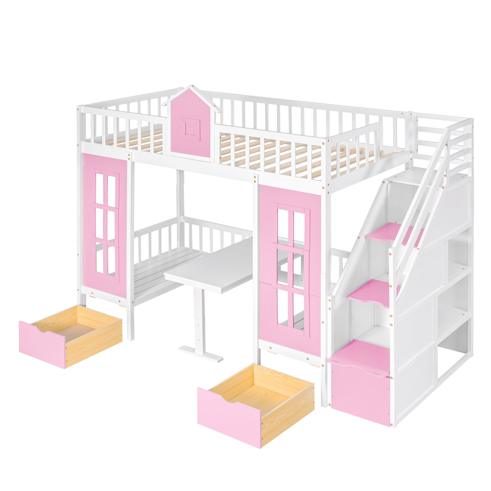 Twin-Over-Twin Bunk Bed with Changeable Table , Bunk Bed Turn into Upper Bed and Down Desk with 2 Drawers - Pink