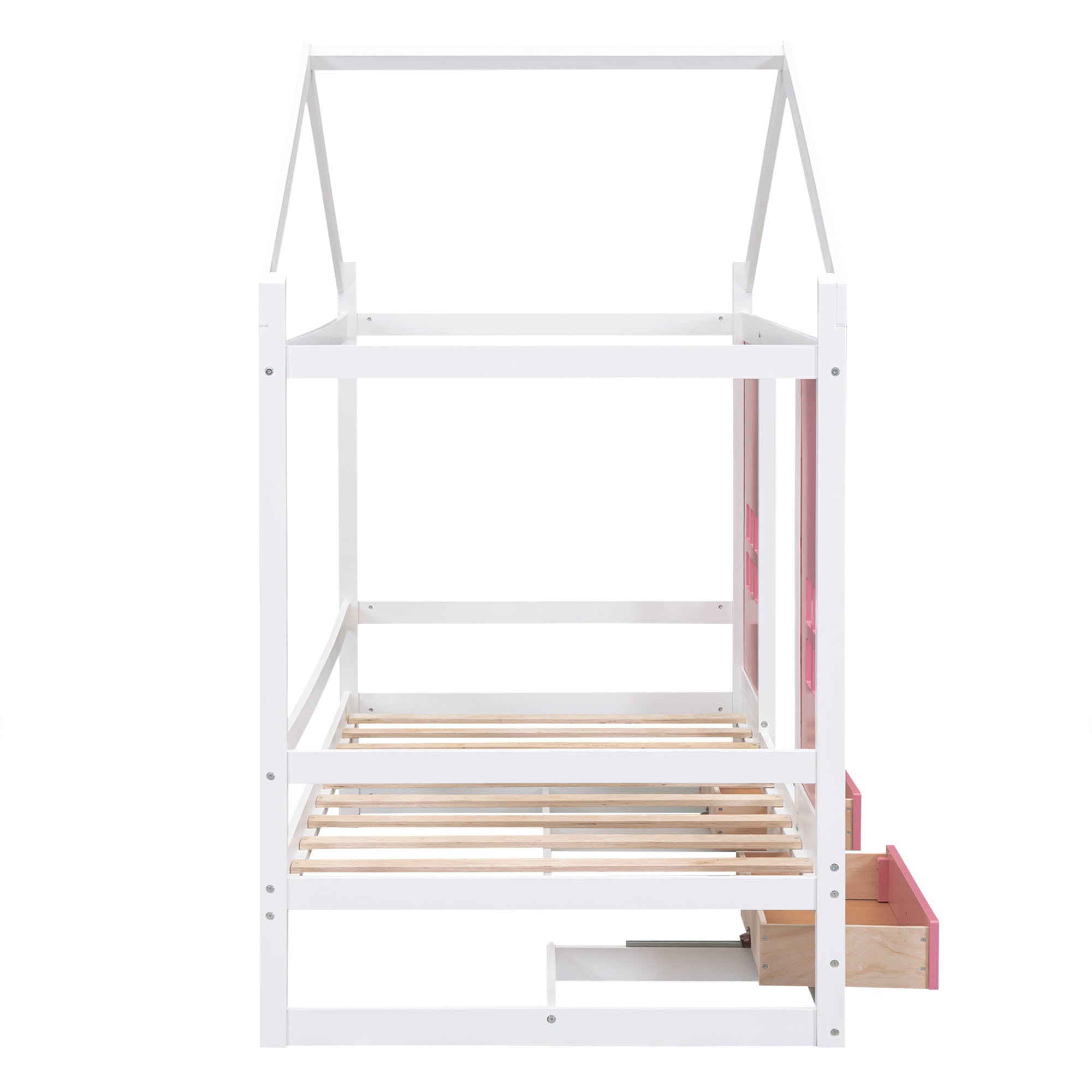 Twin Size Wood House Bed with 2 Drawers and Window Decoration, White+Pink