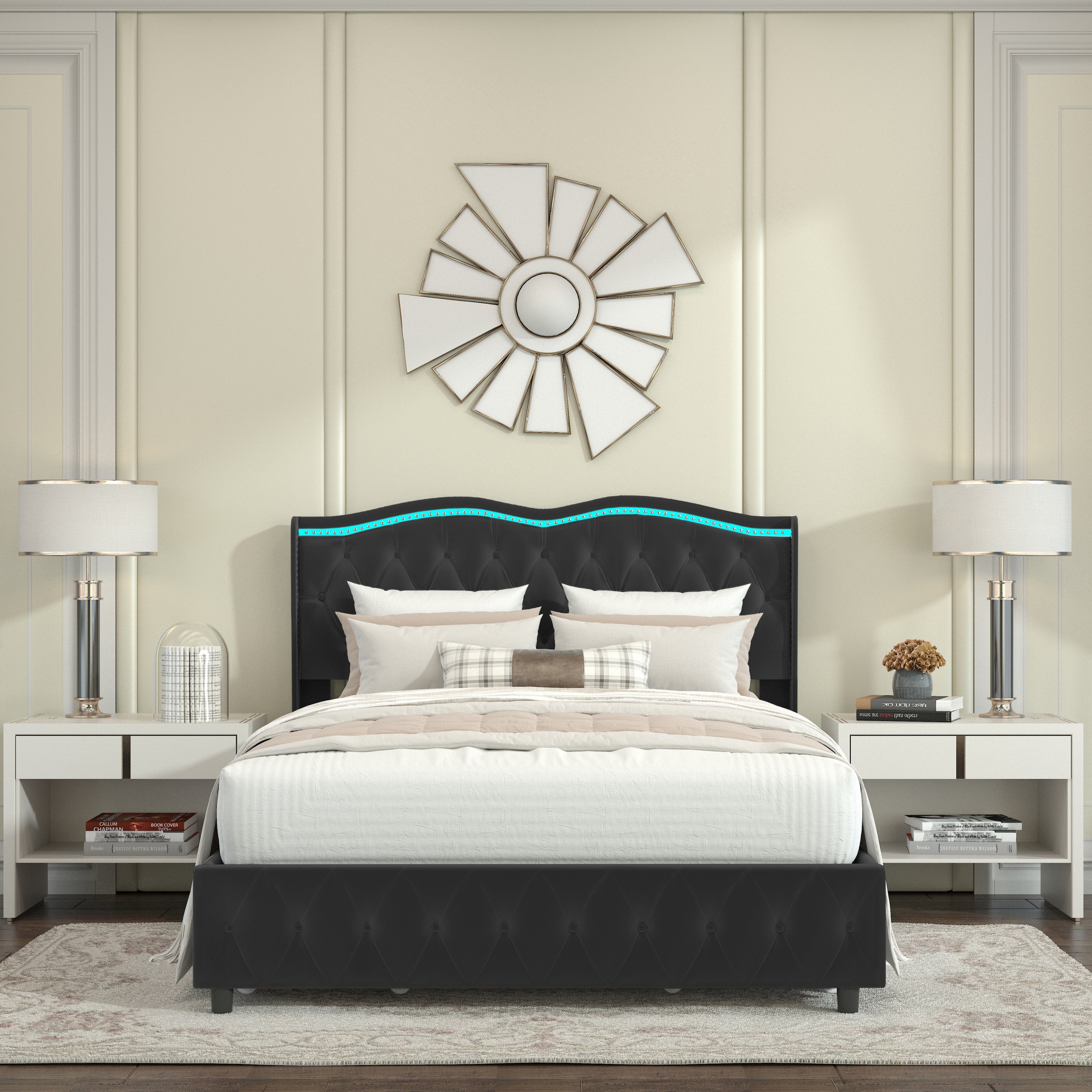 Queen Platform Bed Frame , Velvet Upholstered Bed with Deep Tufted Buttons and Nailhead Trim, Adjustable Colorful LED Light Decorative Headboard, Bed Sides with Pull-Out Storage 4 Drawers, Black