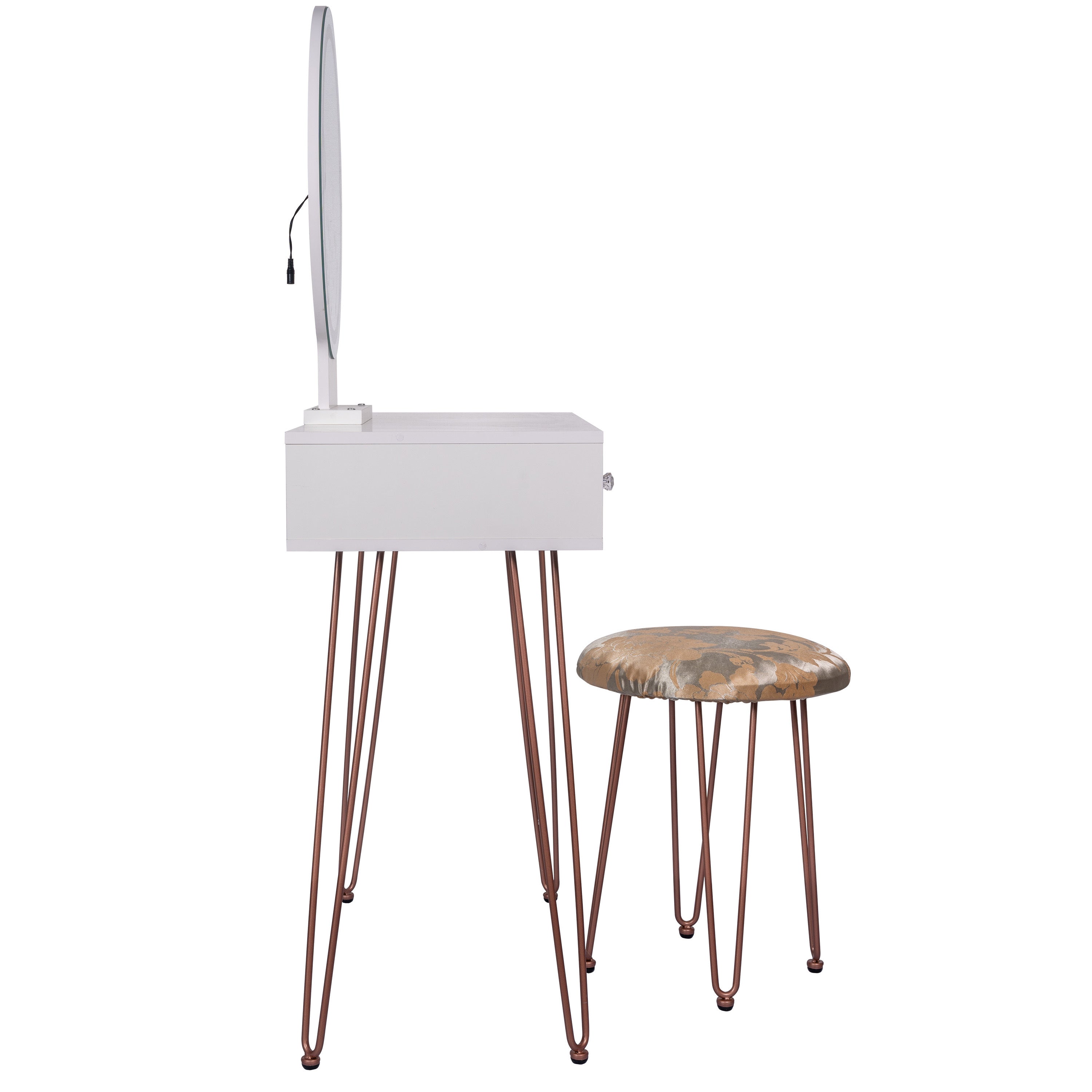 Dressing Table White Vanity Set with 3-Color Dimmable Lighted Mirror Makeup Desk with 2 Drawers and Yellow Padded Stool