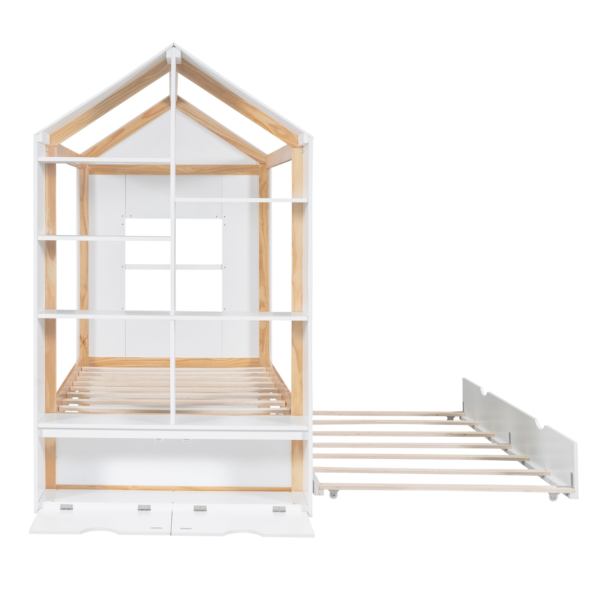 Twin Size House Platform Bed with Storage Shelves and Twin Size Trundle, White