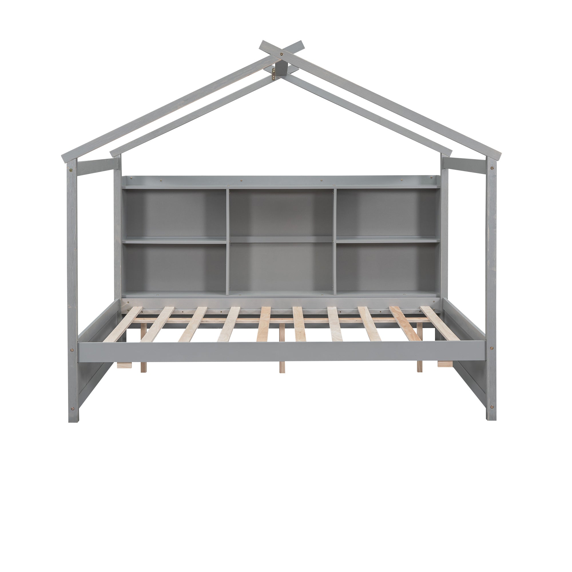 Full Size House Bed with Storage Shelves and Twin Size Trundle, Brushed Gray