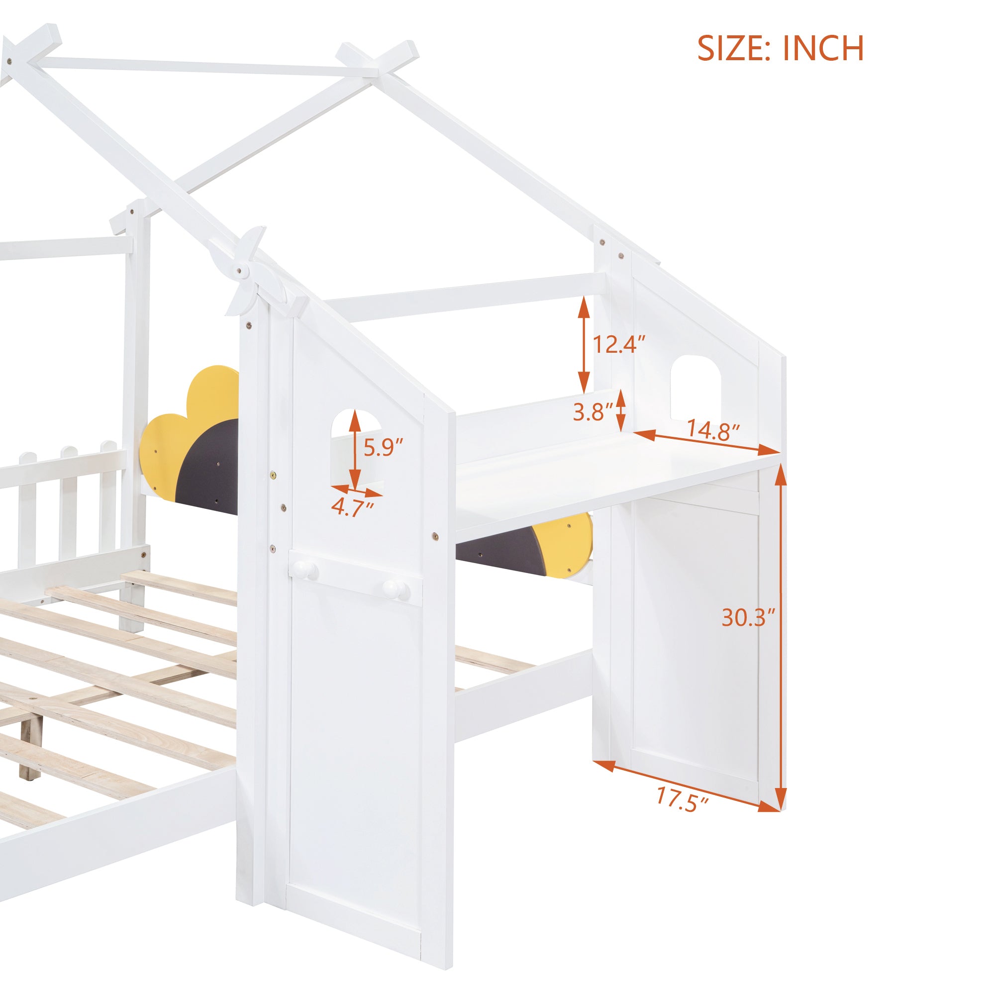 Full Size Platform Bed with Windmill and Flower Decor, House Bed with Desk and two hooks, White