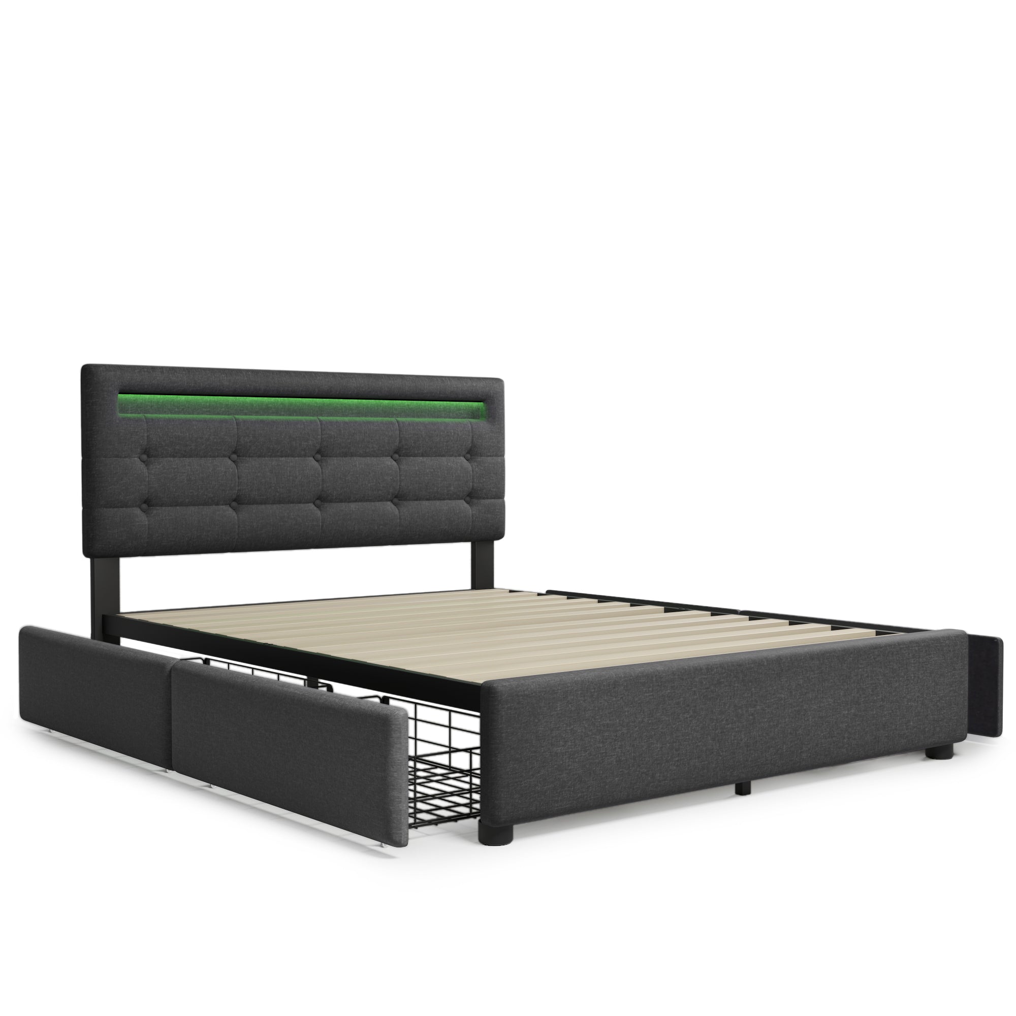 Bed Frame Full Size, Upholstered Platform Bed Frame with 4 Storage Drawers and LED Lights & Adjustable Headboard,No Box Spring Needed,Grey