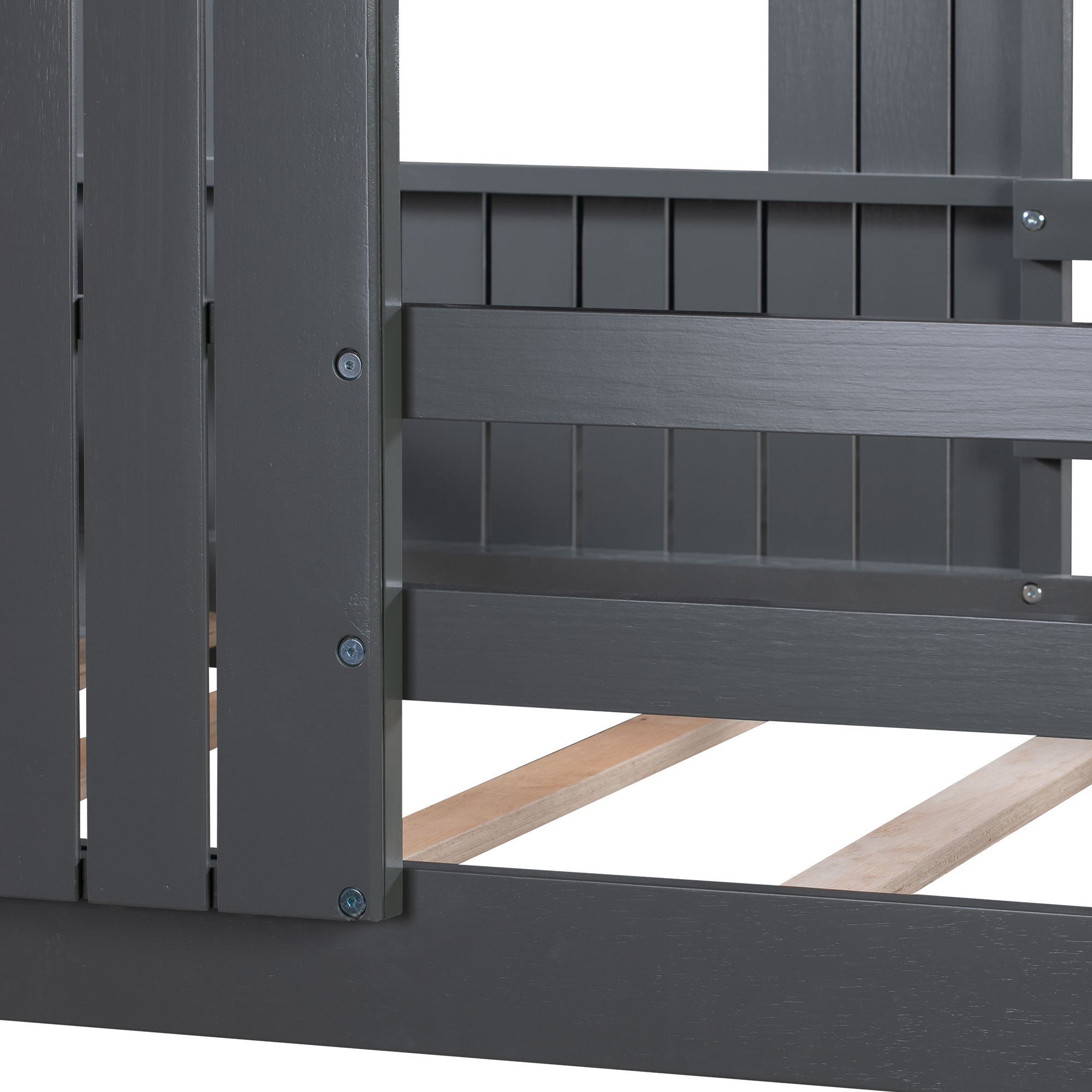 Wooden Twin Over Full Bunk Bed, Loft Bed with Playhouse, Farmhouse, Ladder and Guardrails , Gray( old sku: LT000027AAN )