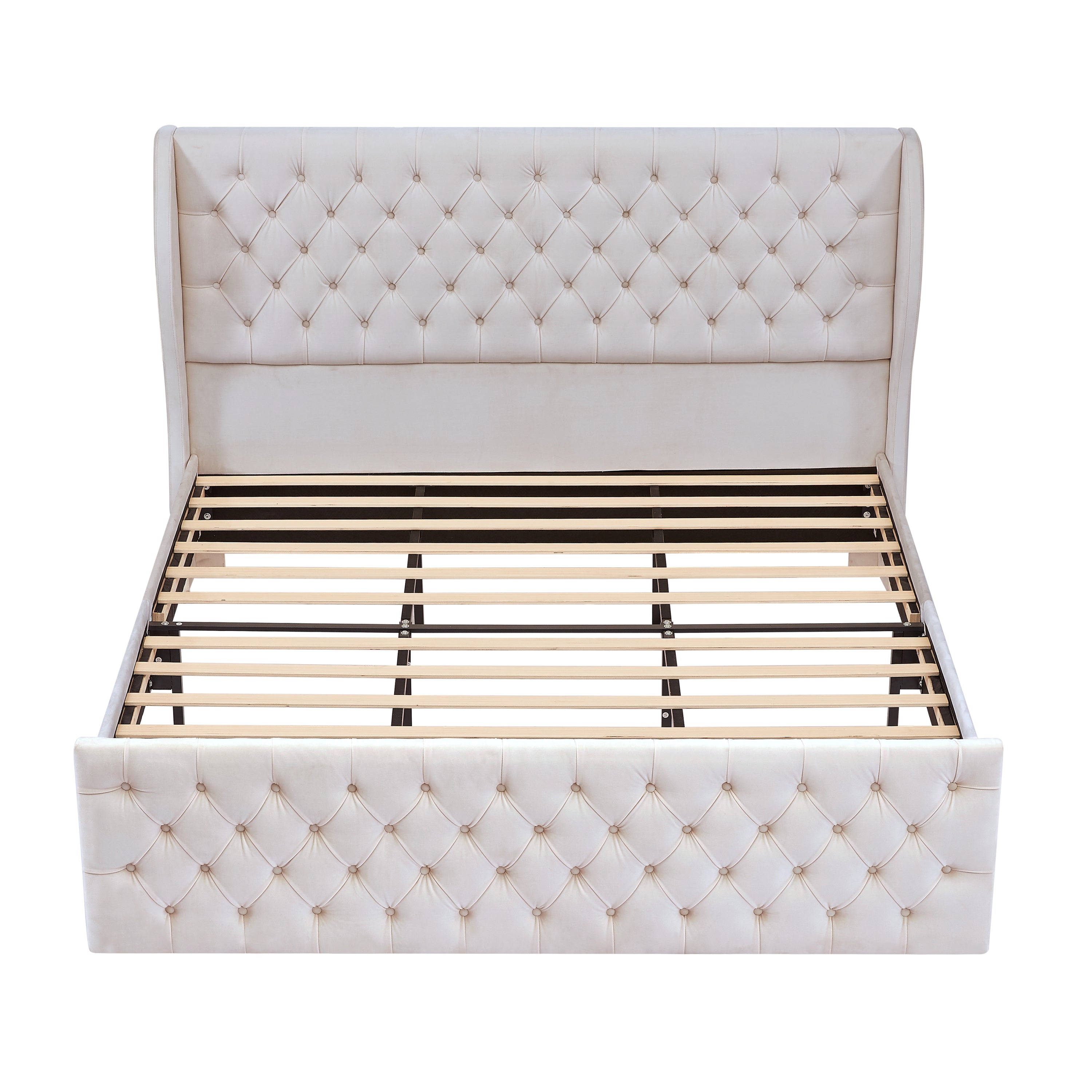 Rodeo Drive Collection Upholstered Wingback Velvet Fabric Chesterfield Bed/Button Tufted Headboard with Vintage Wing/Wood Slat Support/Easy Assemble. King-White