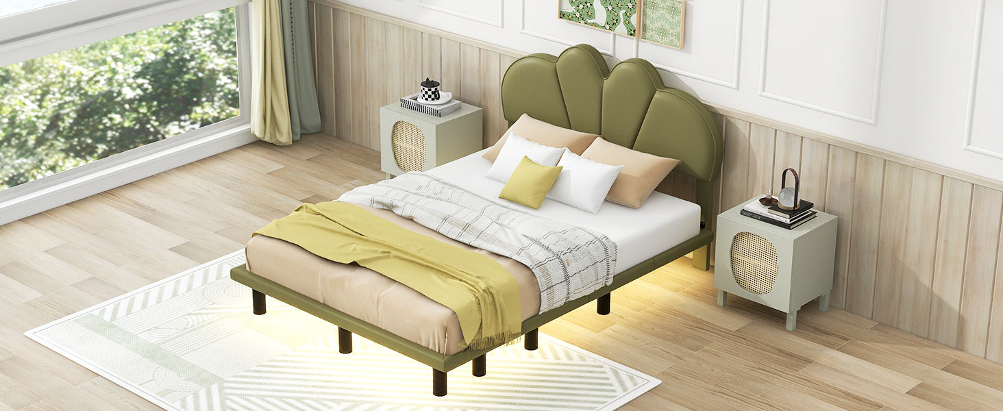 Full Size Upholstery Platform Bed with PU Leather Headboard and Support Legs,Underbed LED Light,Green