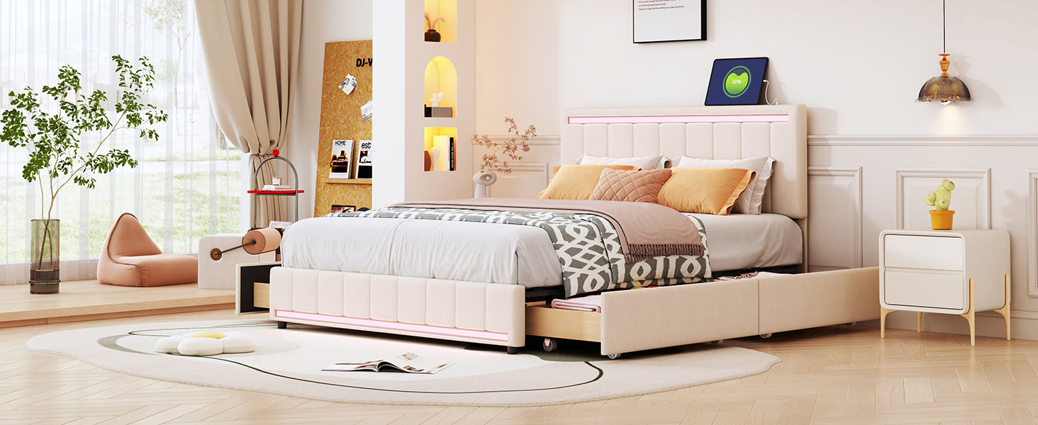 Queen Size Upholstered Bed with LED Light and 4 Drawers, Modern Platform Bed with a set of Sockets and USB Ports, Linen Fabric, Beige