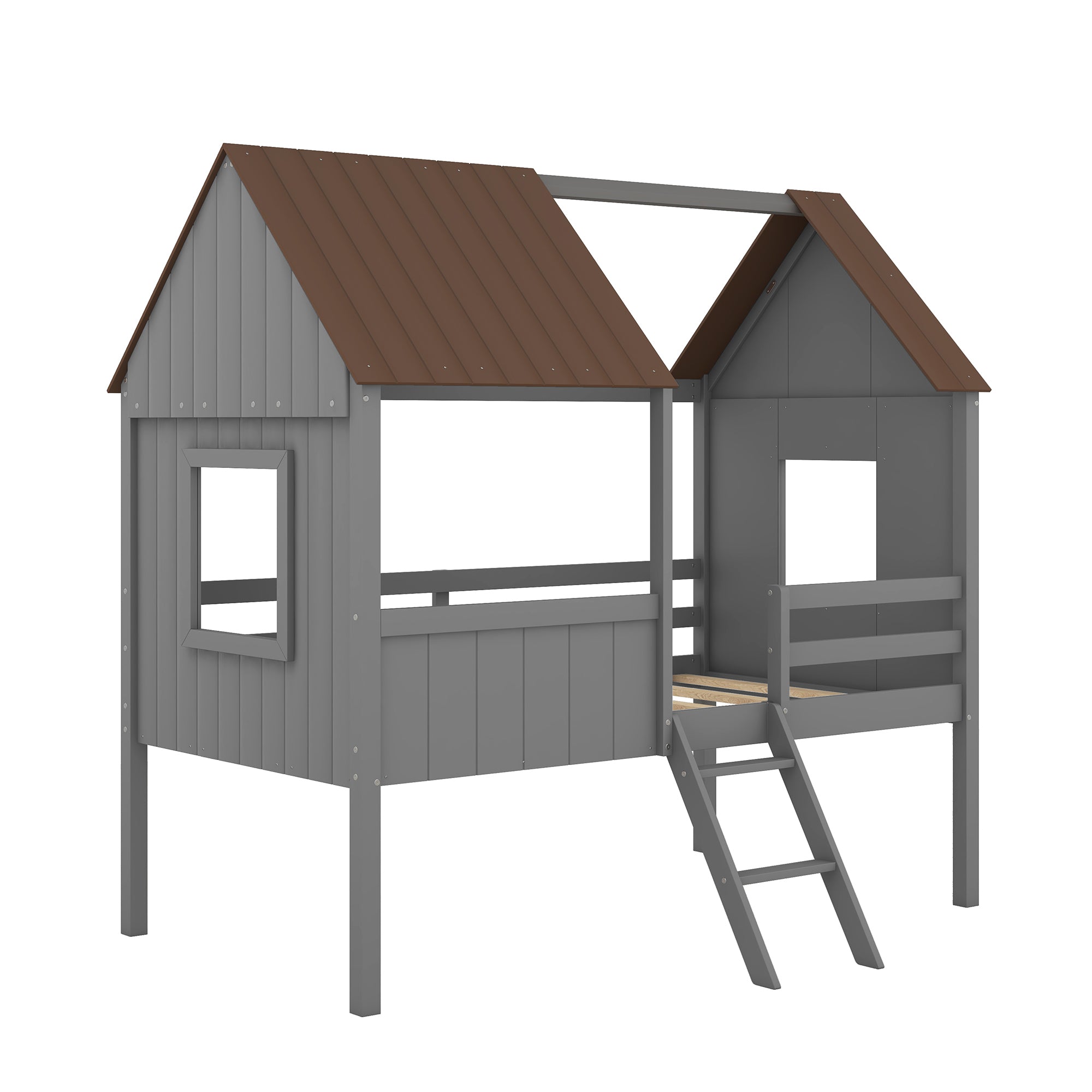 Twin Size Low Loft Wood House Bed with Two Side Windows (Gray +Brown)(OLD SKU: LP000037AAL)