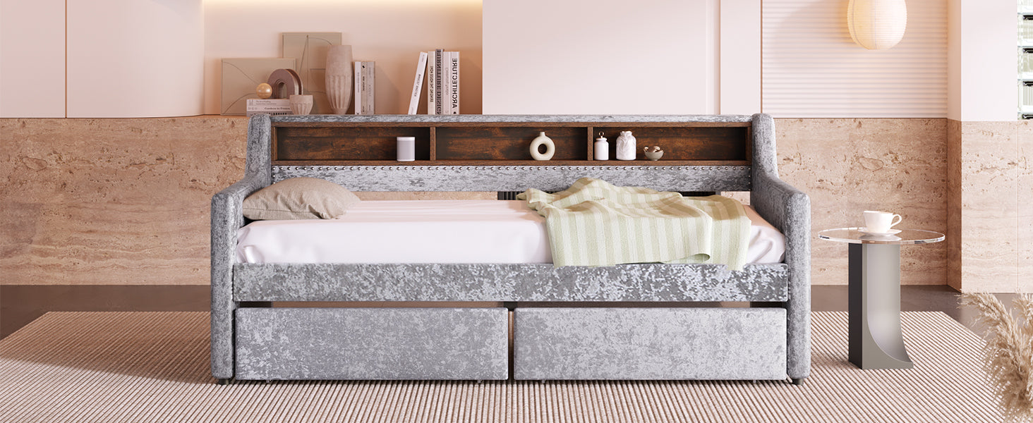 Twin Size Snowflake Velvet Daybed with Two Storage Drawers and Built-in Storage Shelves,Gray