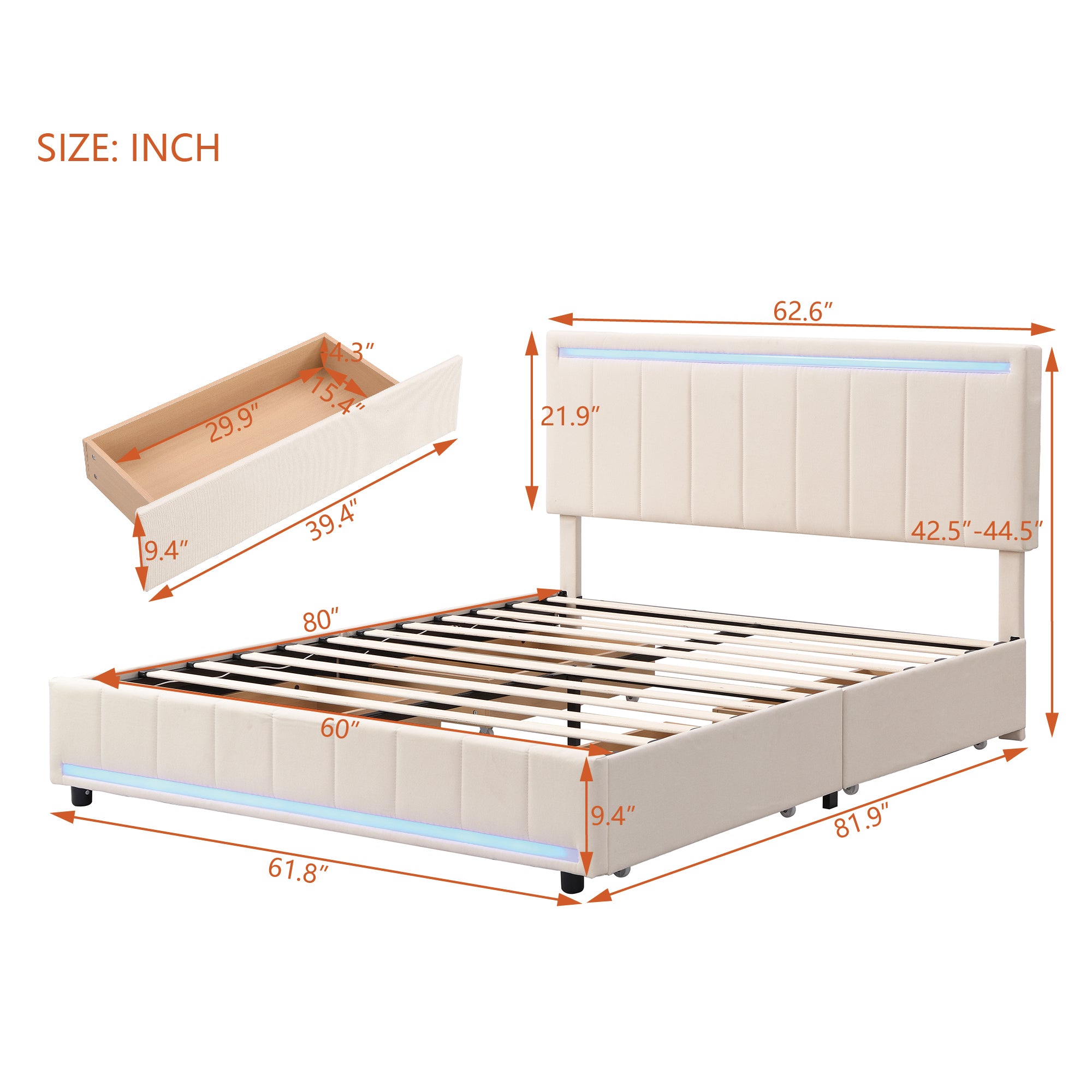 Queen Size Upholstered Bed with LED Light and 4 Drawers, Modern Platform Bed with a set of Sockets and USB Ports, Linen Fabric, Beige