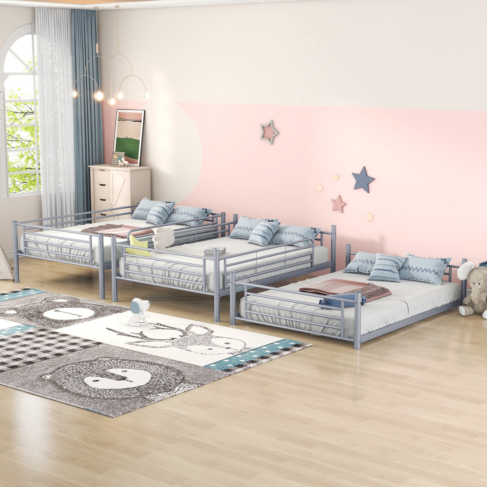 Full-Full-Full Metal Triple Bed with Built-in Ladder, Divided into Three Separate Beds,Gray(OLD SKU:LP000297AAE)