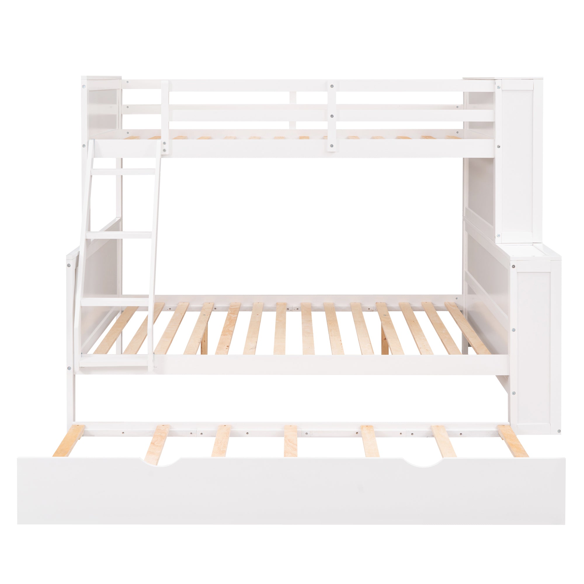 Twin over Full Bunk Bed with Trundle and Shelves, can be Separated into Three Separate Platform Beds, White