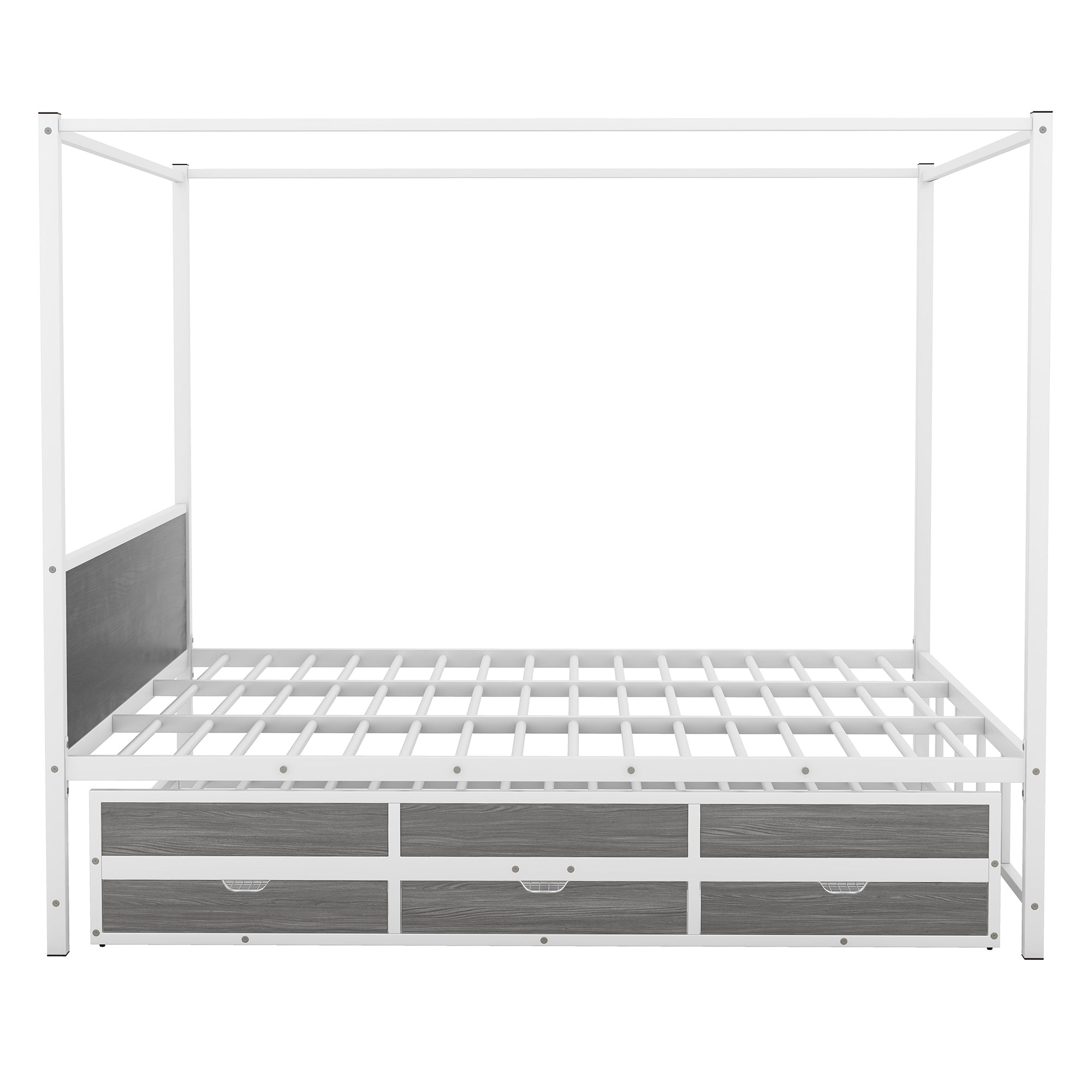 Queen Size Metal Canopy Platform Bed with Twin Size Trundle and 3 Storage Drawers, White