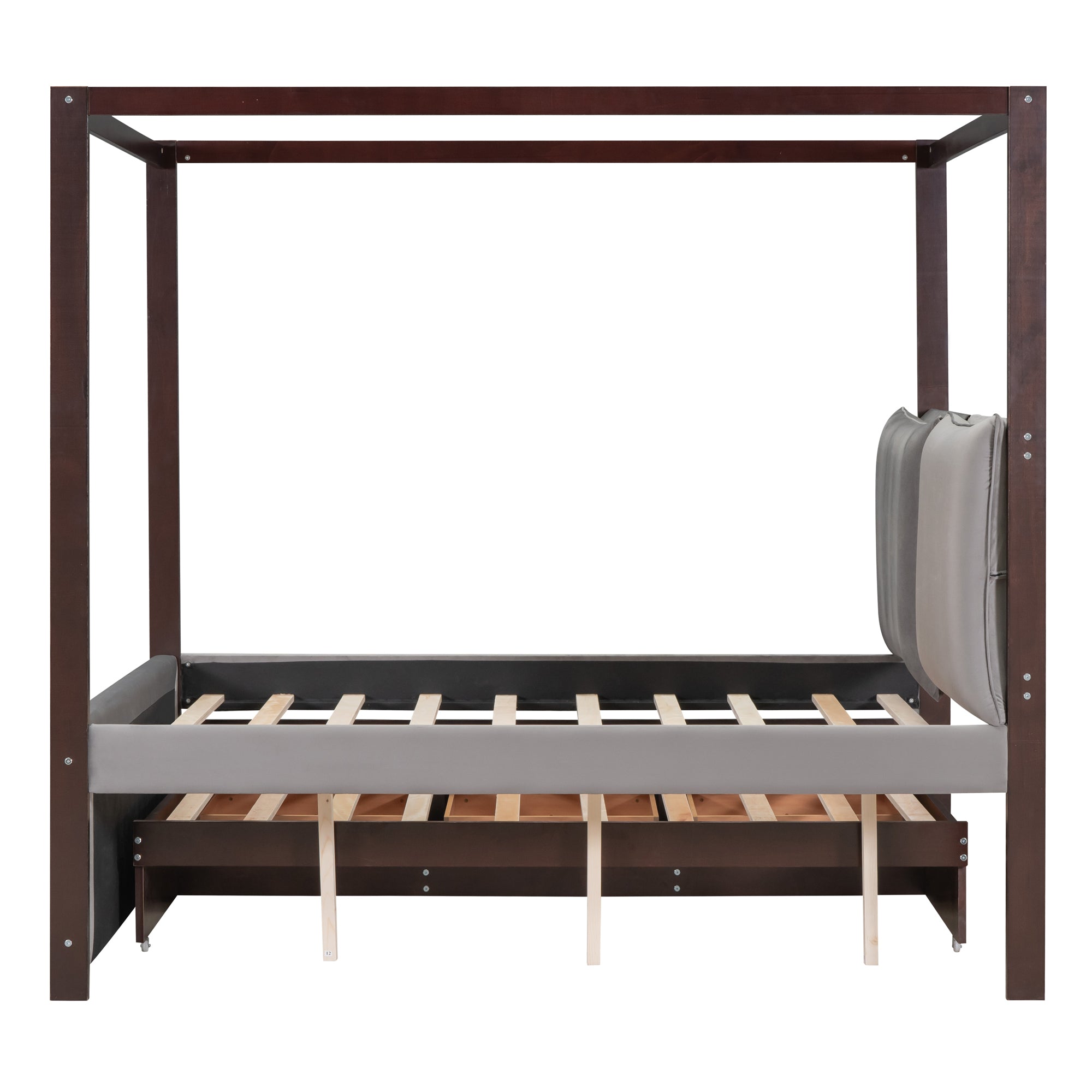 Full Size Upholstered Canopy Bed with Trundle and 3 Drawers, Gray