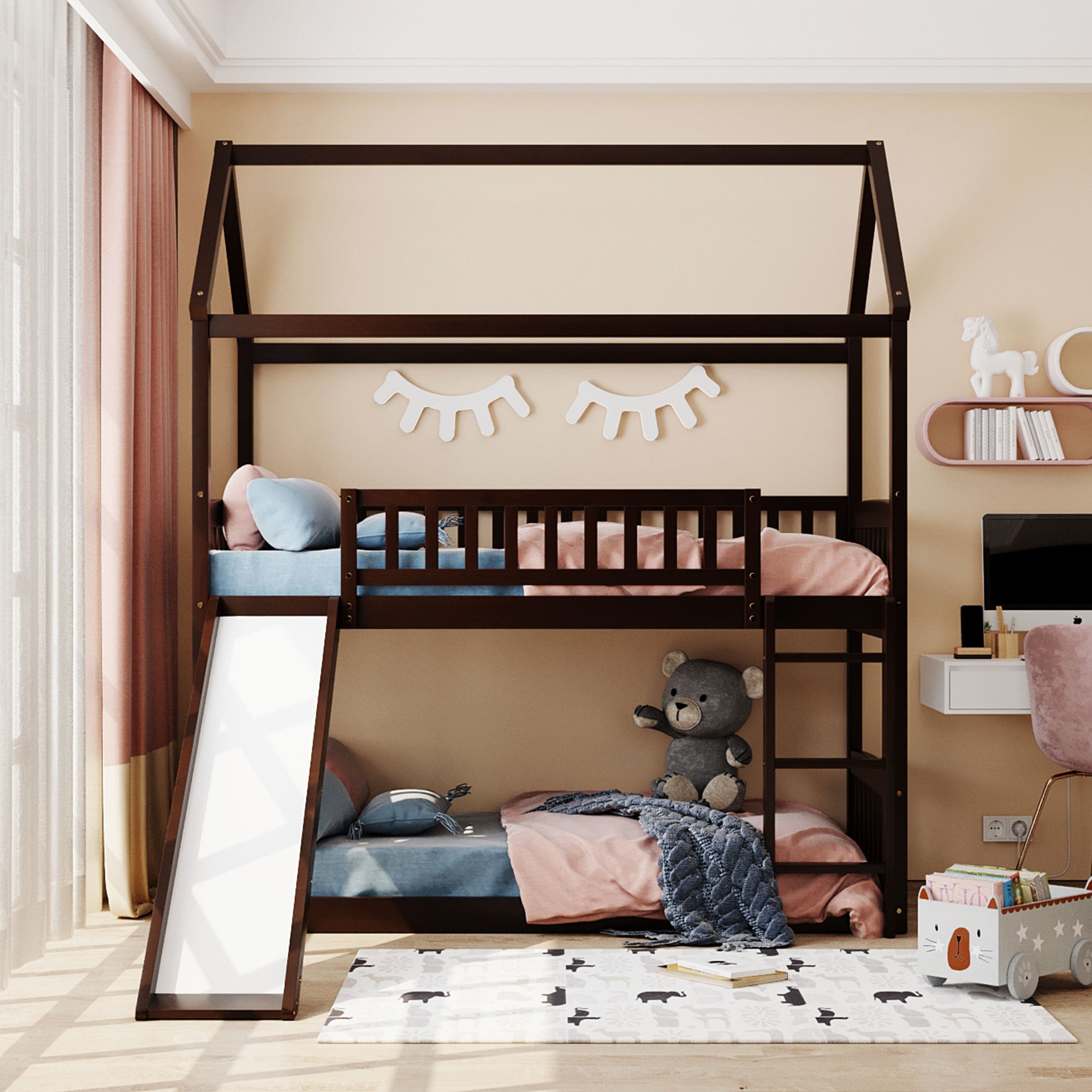 Twin Over Twin Bunk Bed with Slide, House Bed with Slide, Espresso(OLD SKU: LT000213AAP)