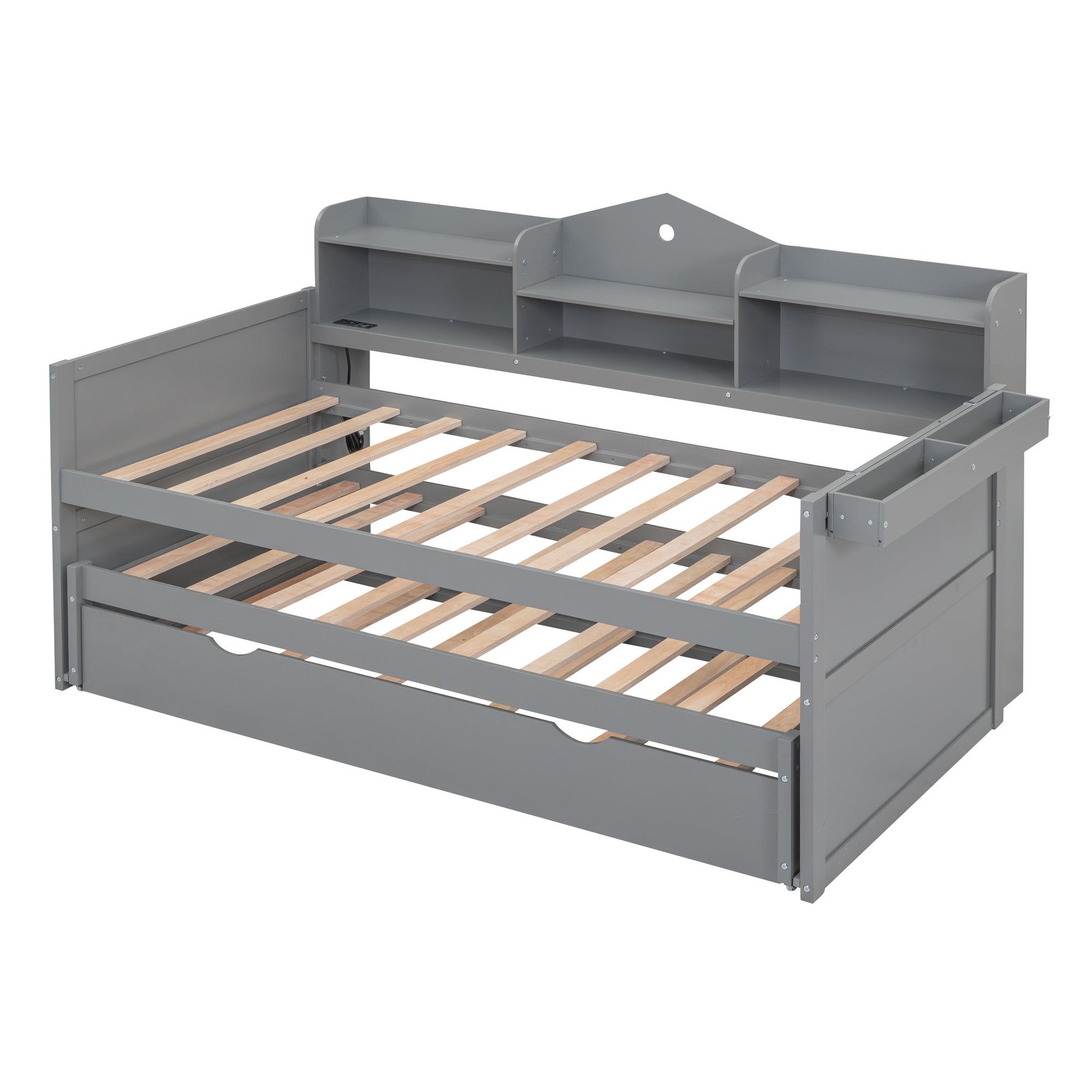 Twin XL Wooden Daybed with 2 Twin Trundles and Storage Shelf, Daybed with USB Charging Ports, No Box-spring Needed, Gray