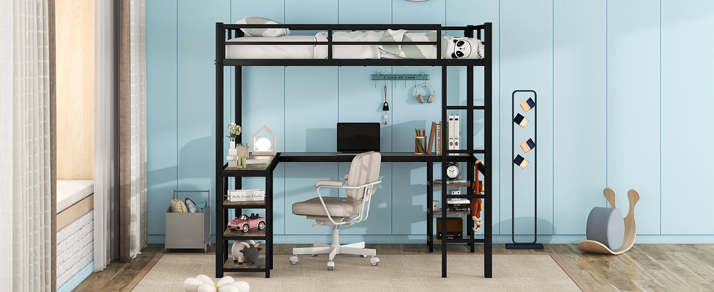 Full Metal Loft Bed with Desk and Shelves, Loft Bed with Ladder and Guardrails, Loft Bed Frame for Bedroom (Black) (Old SKU: W1307S00009)