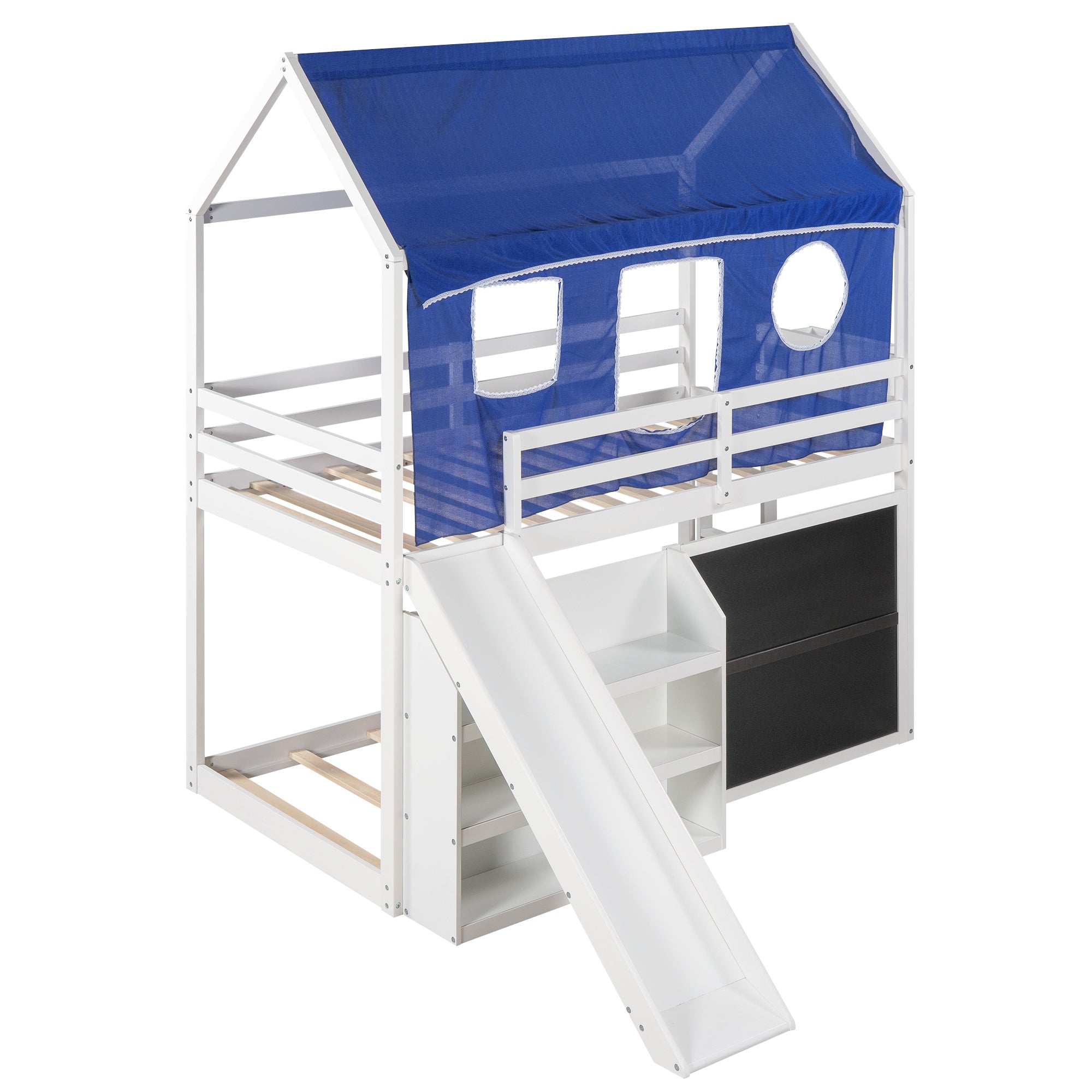 Twin over Twin House Bunk Bed with Blue Tent, Slide, Shelves and Blackboard, White