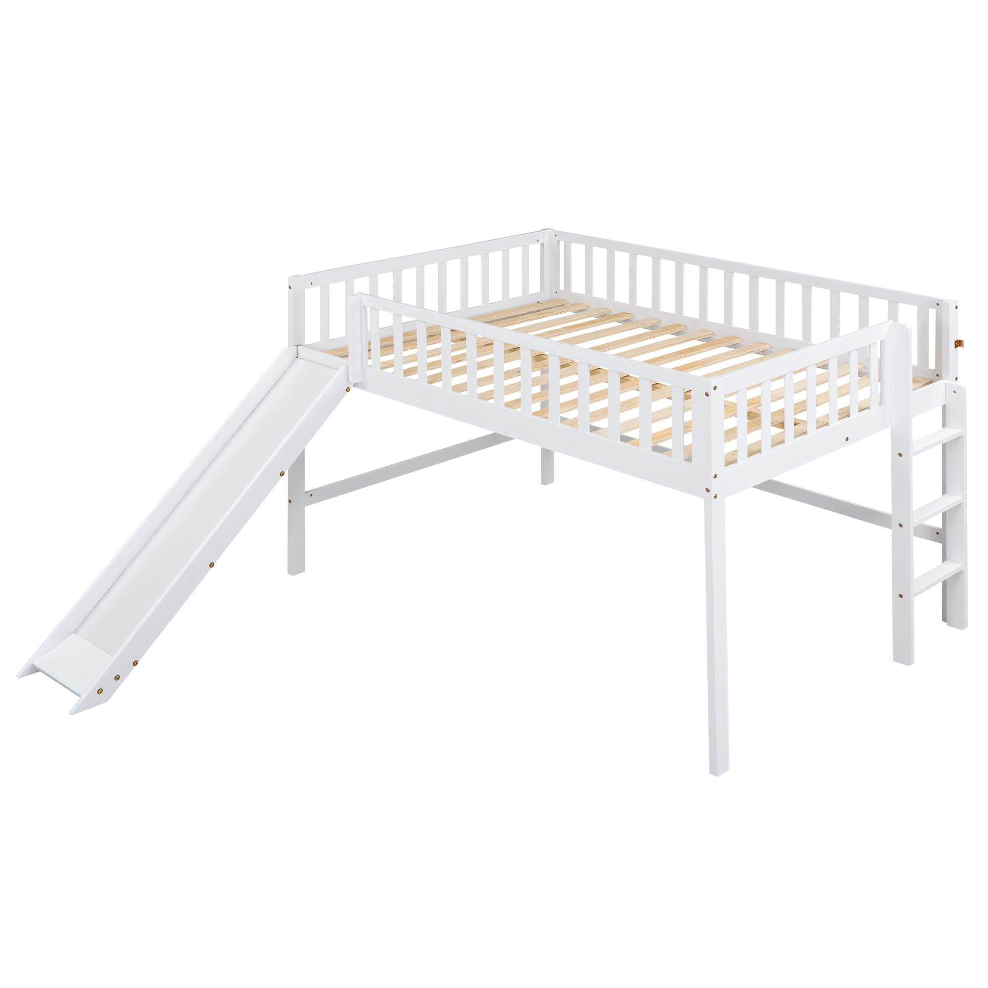 Full Size Low Loft Bed with Ladder and Slide,White