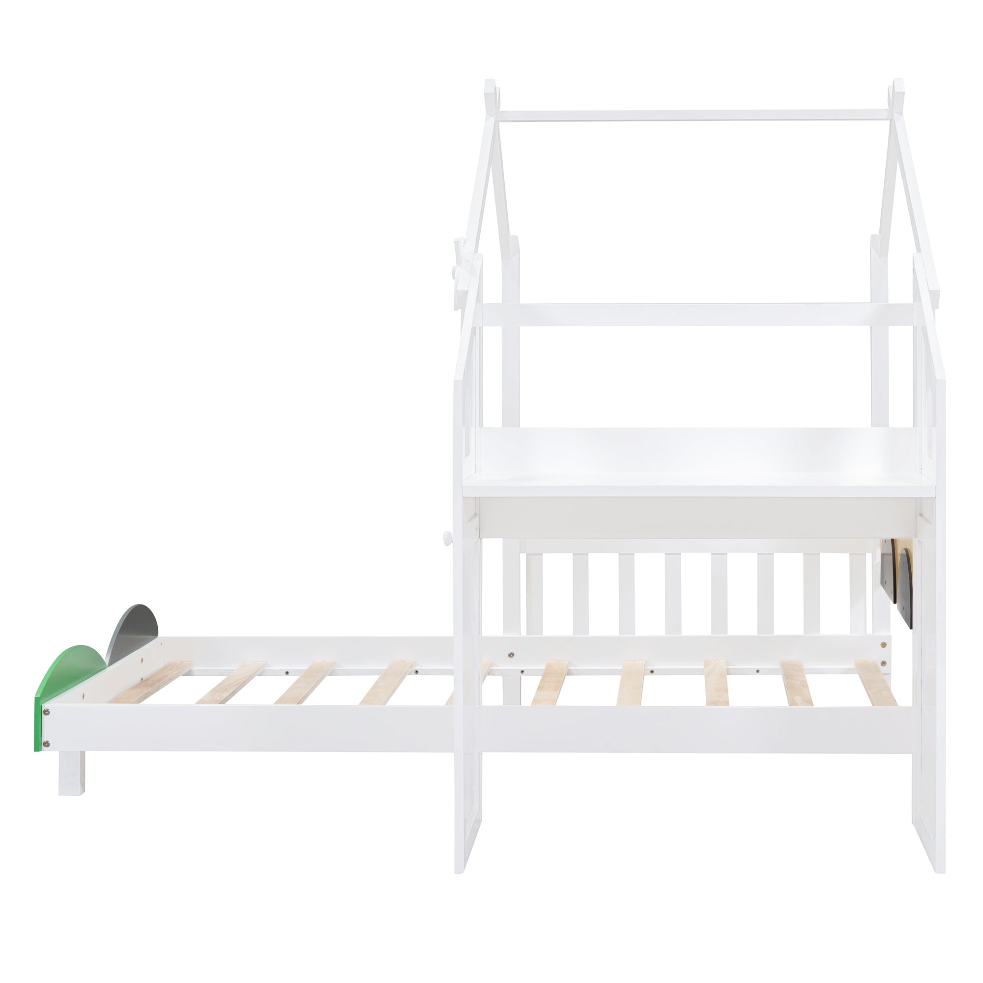 Twin Size Platform Bed with Windmill and Flower Decor, House Bed with Desk and two Handles, White