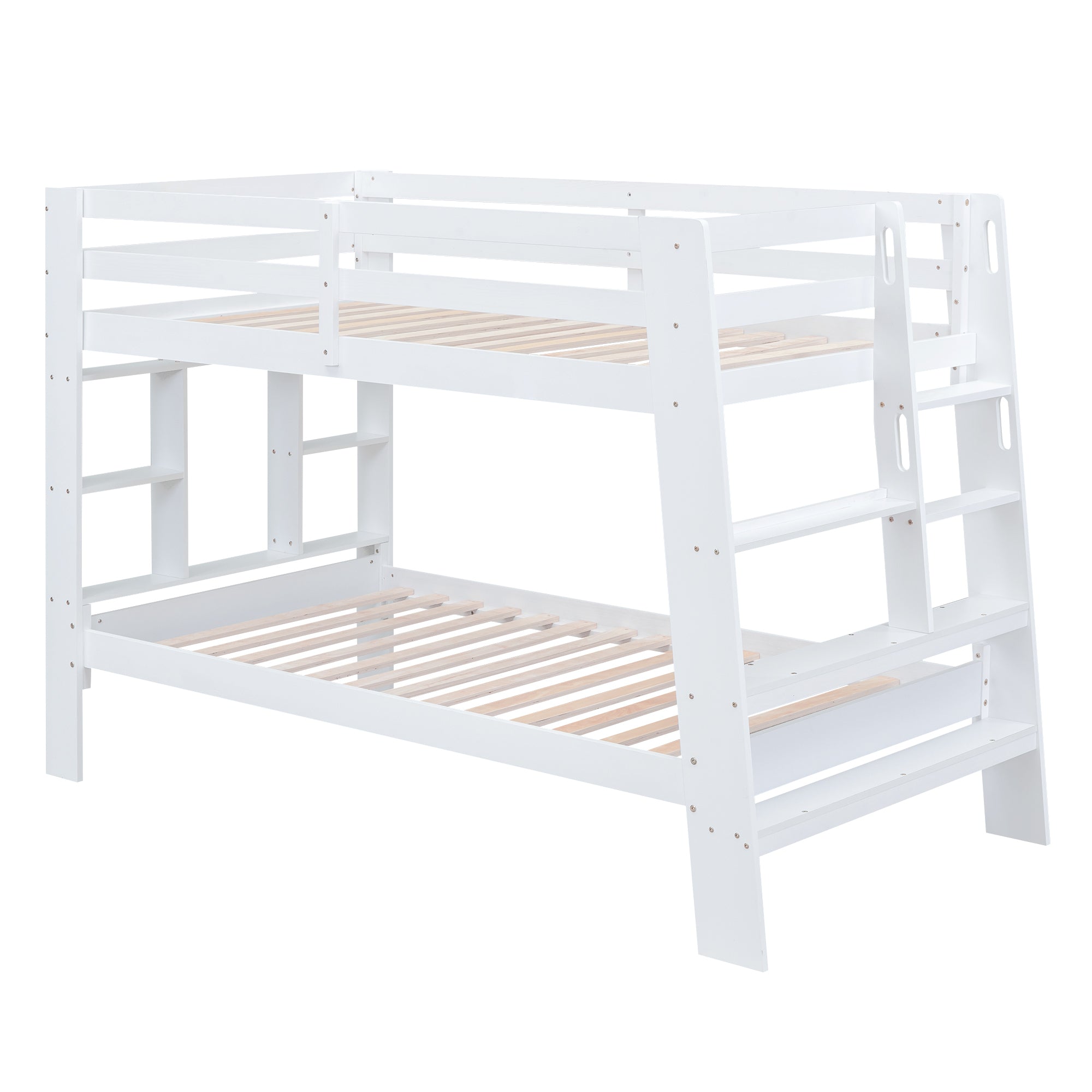 Twin over Twin Bunk Bed with Shelves and Built-in Ladder, White