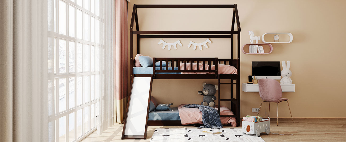 Twin Over Twin Bunk Bed with Slide, House Bed with Slide, Espresso(OLD SKU: LT000213AAP)