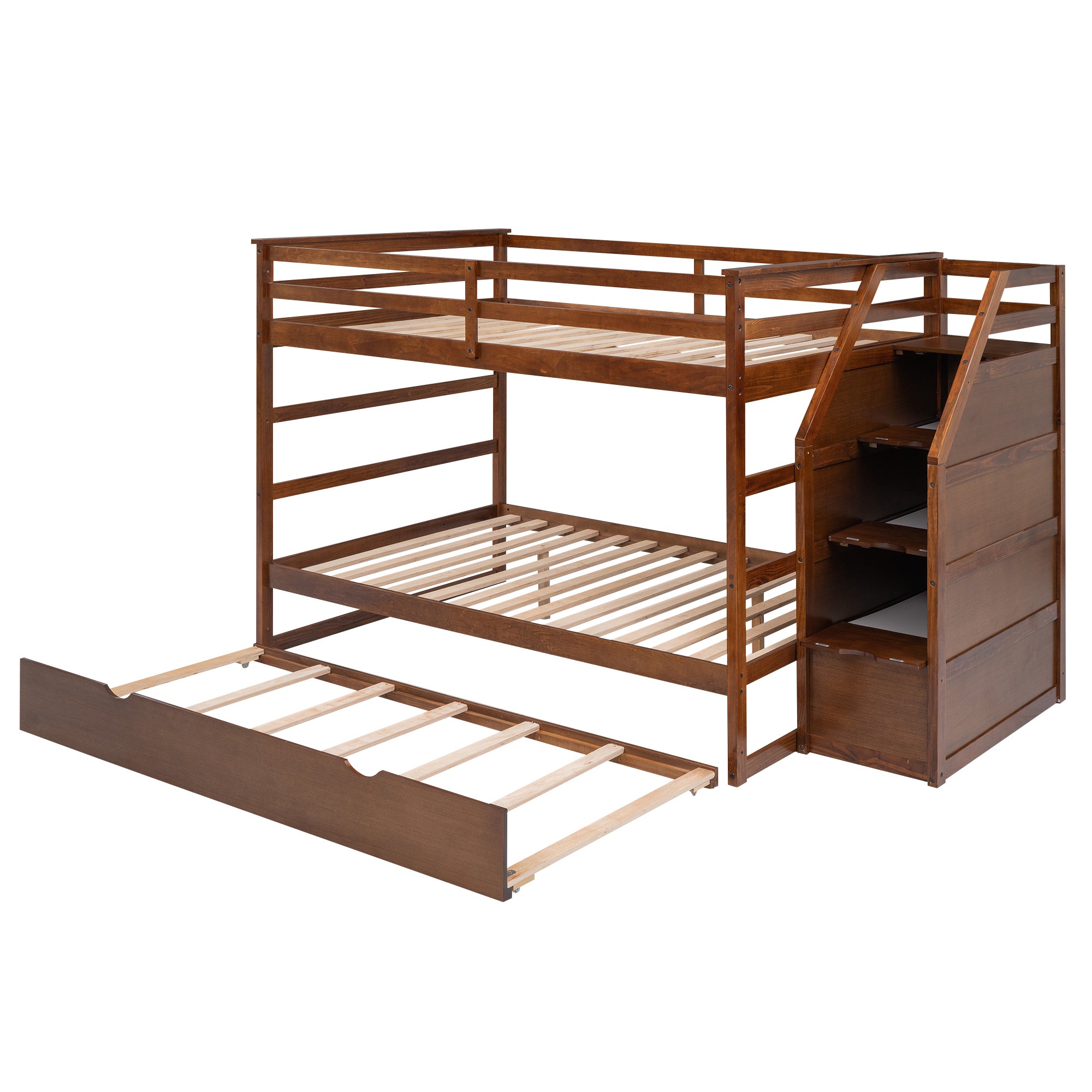 Full-over-Full Bunk Bed with Twin Size Trundle and 3 Storage Stairs,Walnut