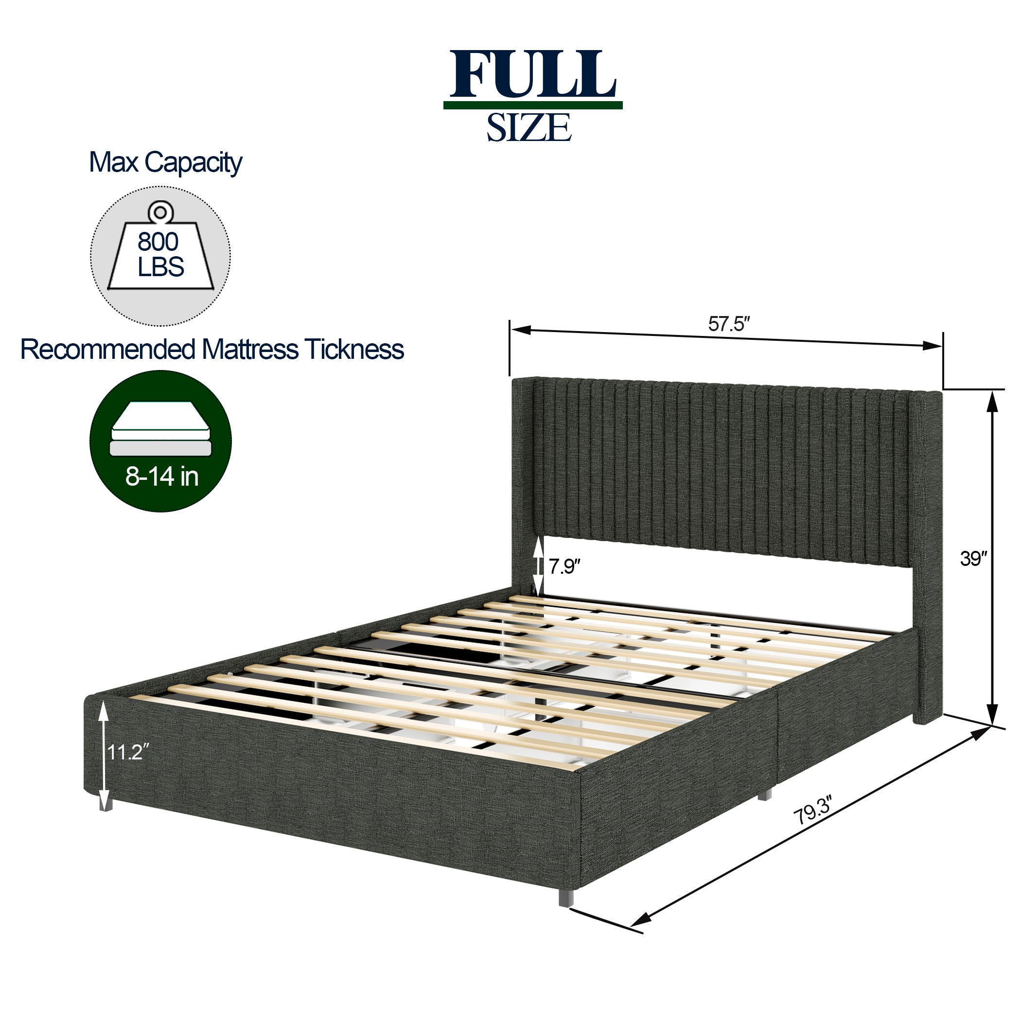 Anna Full Size Gray Velvet Upholstered Wingback Platform Bed with Patented 4 Drawers Storage, Modern Design Headboard with Tight Channel, Wooden Slat Mattress Support No Box Spring Needed