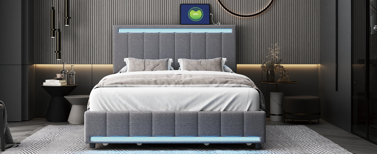 Full Size Upholstered Bed with LED Light and 4 Drawers, Modern Platform Bed with a set of Sockets and USB Ports, Linen Fabric, Gray
