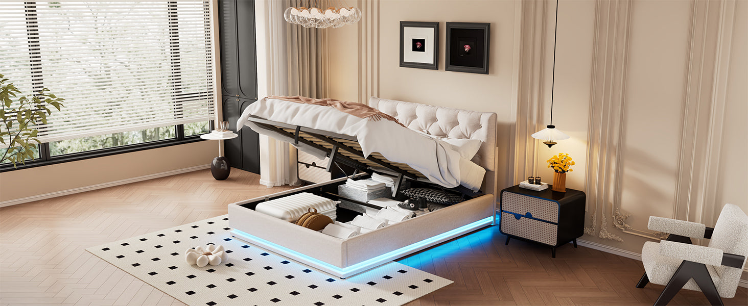 Queen Size Upholstered Bed with Hydraulic Storage System and LED Light, Modern Platform Bed with Button-tufted Design Headboard, Beige