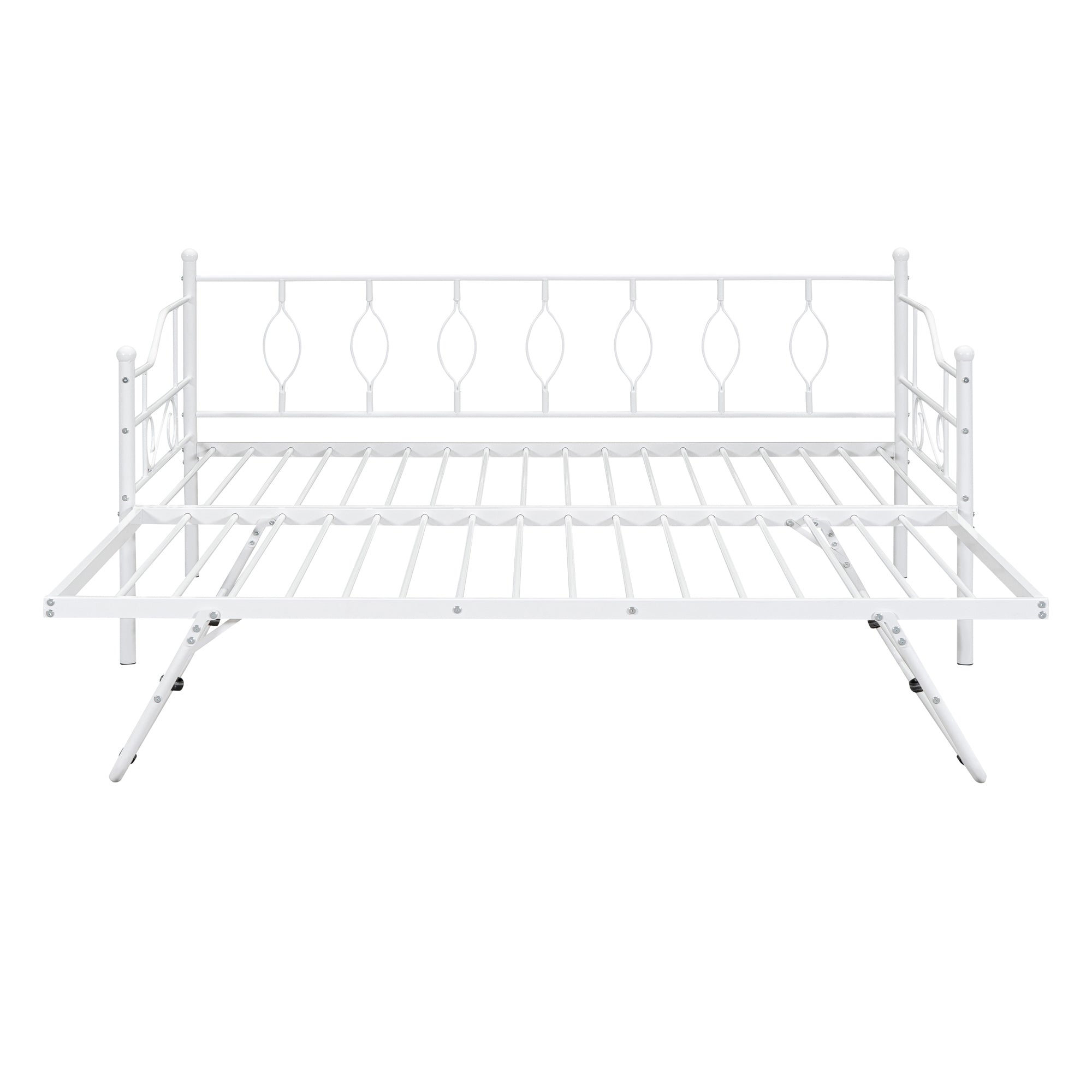 Twin Size Metal Daybed with Twin Size Adjustable Trundle, Portable Folding Trundle, White