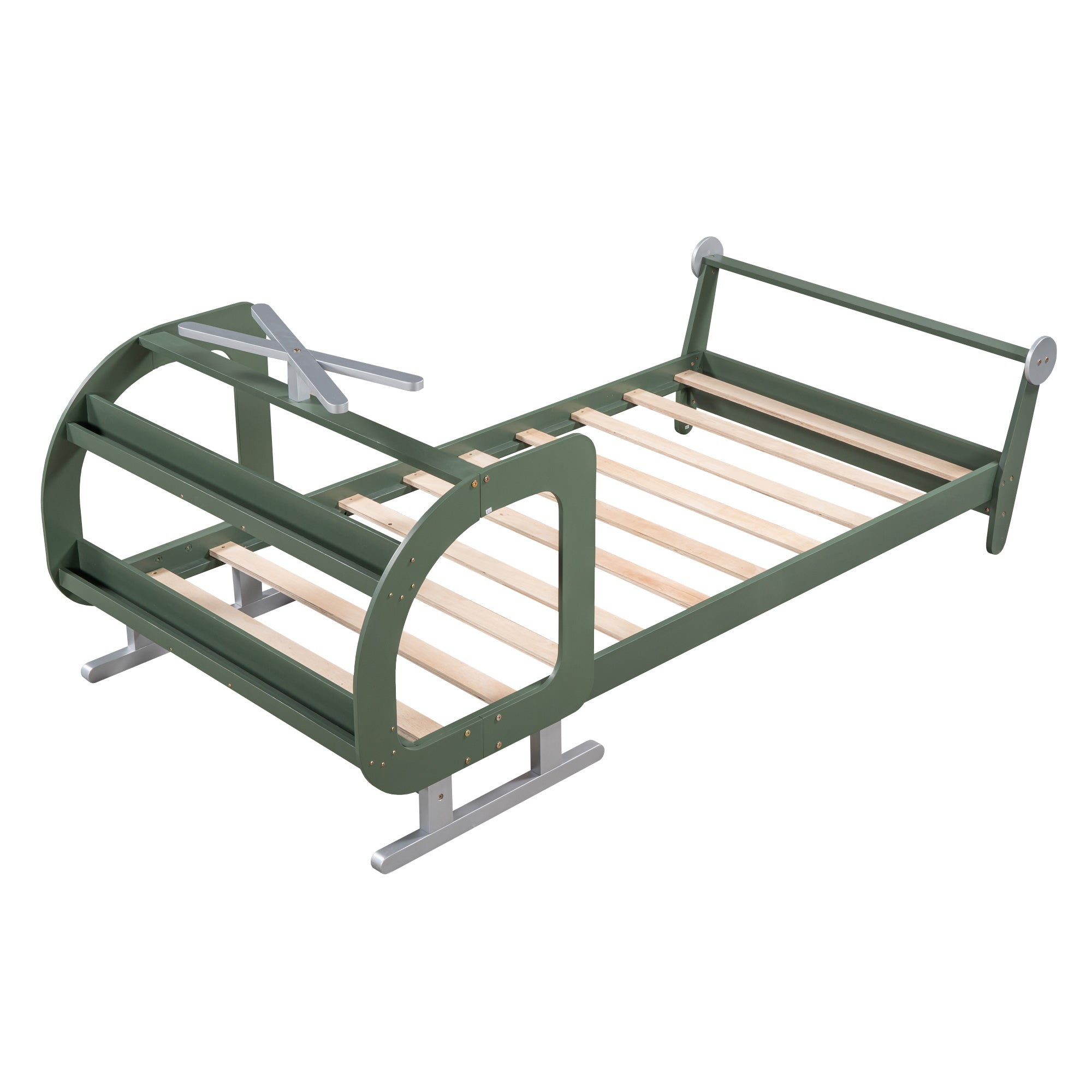 Twin Size Plane Shaped Platform Bed with Rotatable Propeller and Shelves, Green