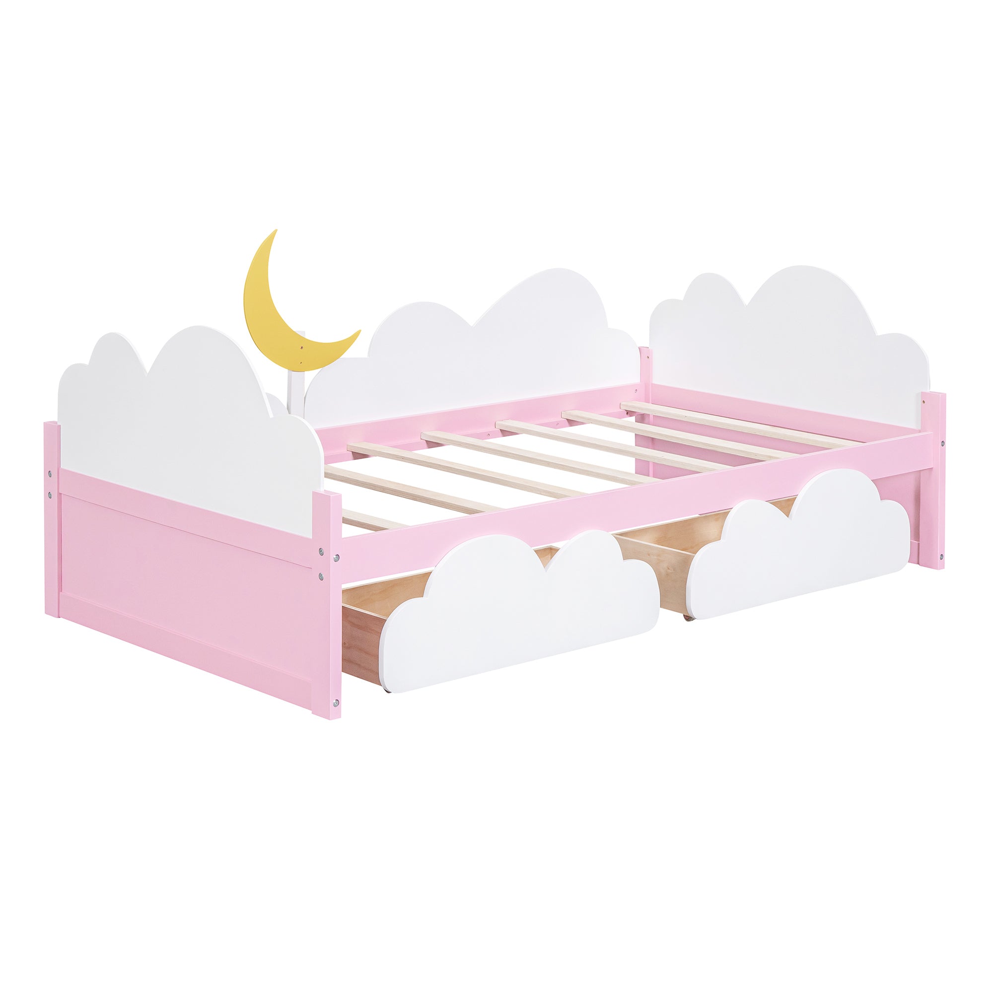 Twin Size Bed with Moon Decor, Platform Bed with 2 Drawers (White+Pink)