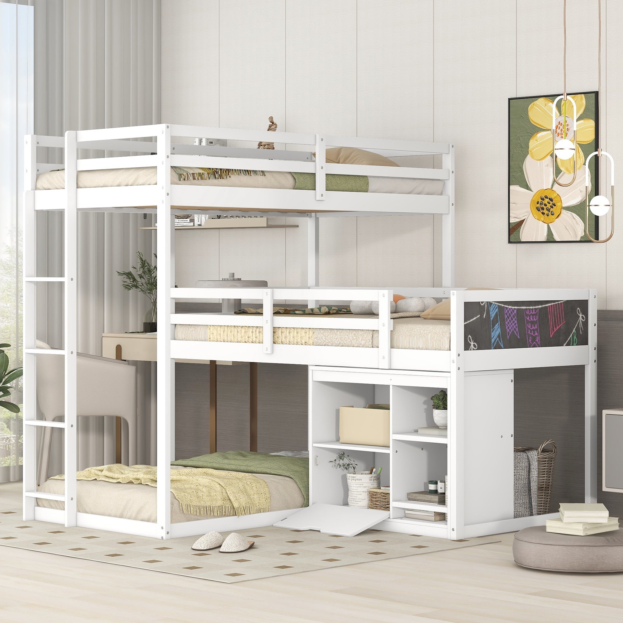 L-shaped Wood Triple Twin Size Bunk Bed with Storage Cabinet and Blackboard, Ladder, White