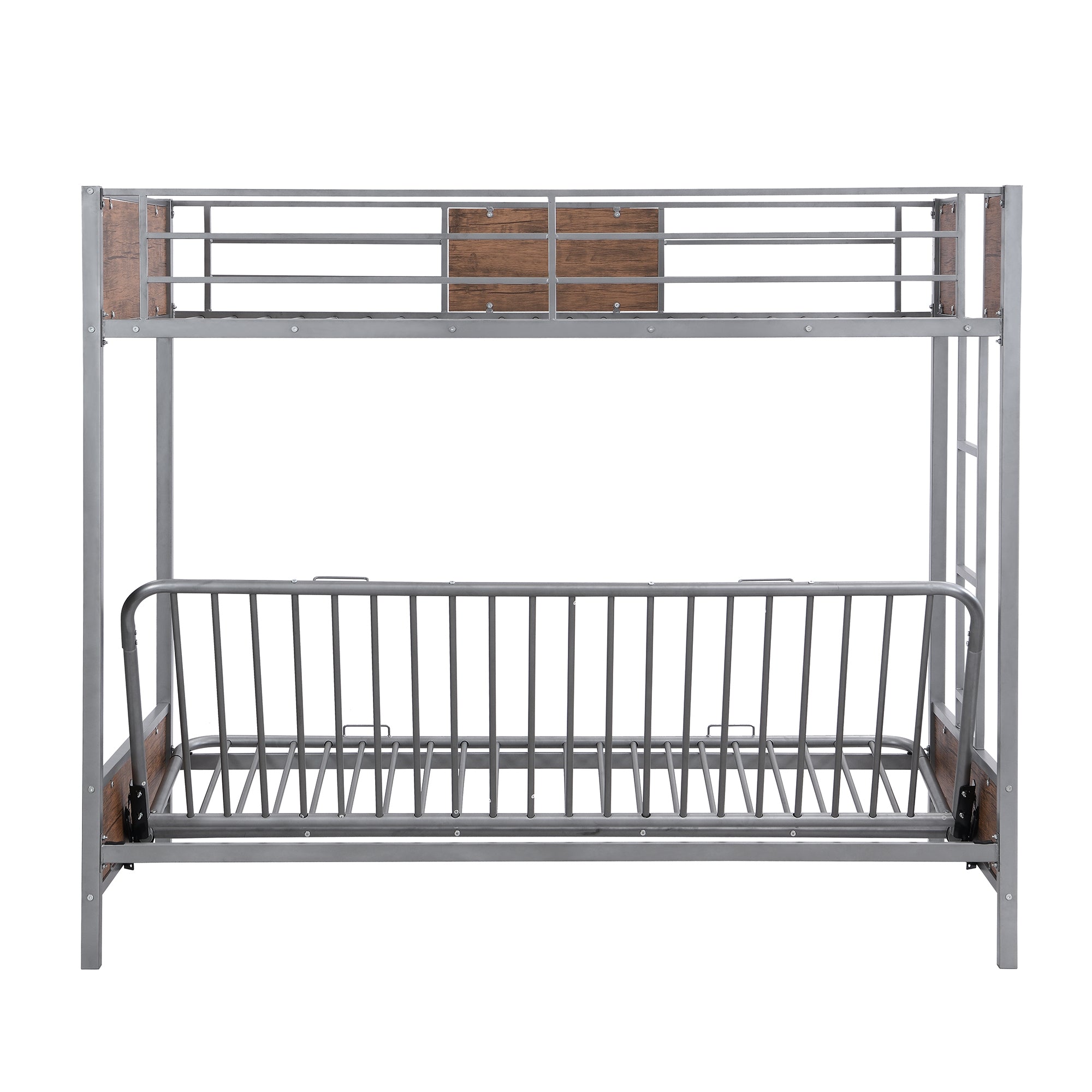 Twin-Over-Futon Bunk Bed, Metal Futon Bunk Bed Frame with Guardrails and Ladder(Gray)(OLD SKU:LP000096AAE)