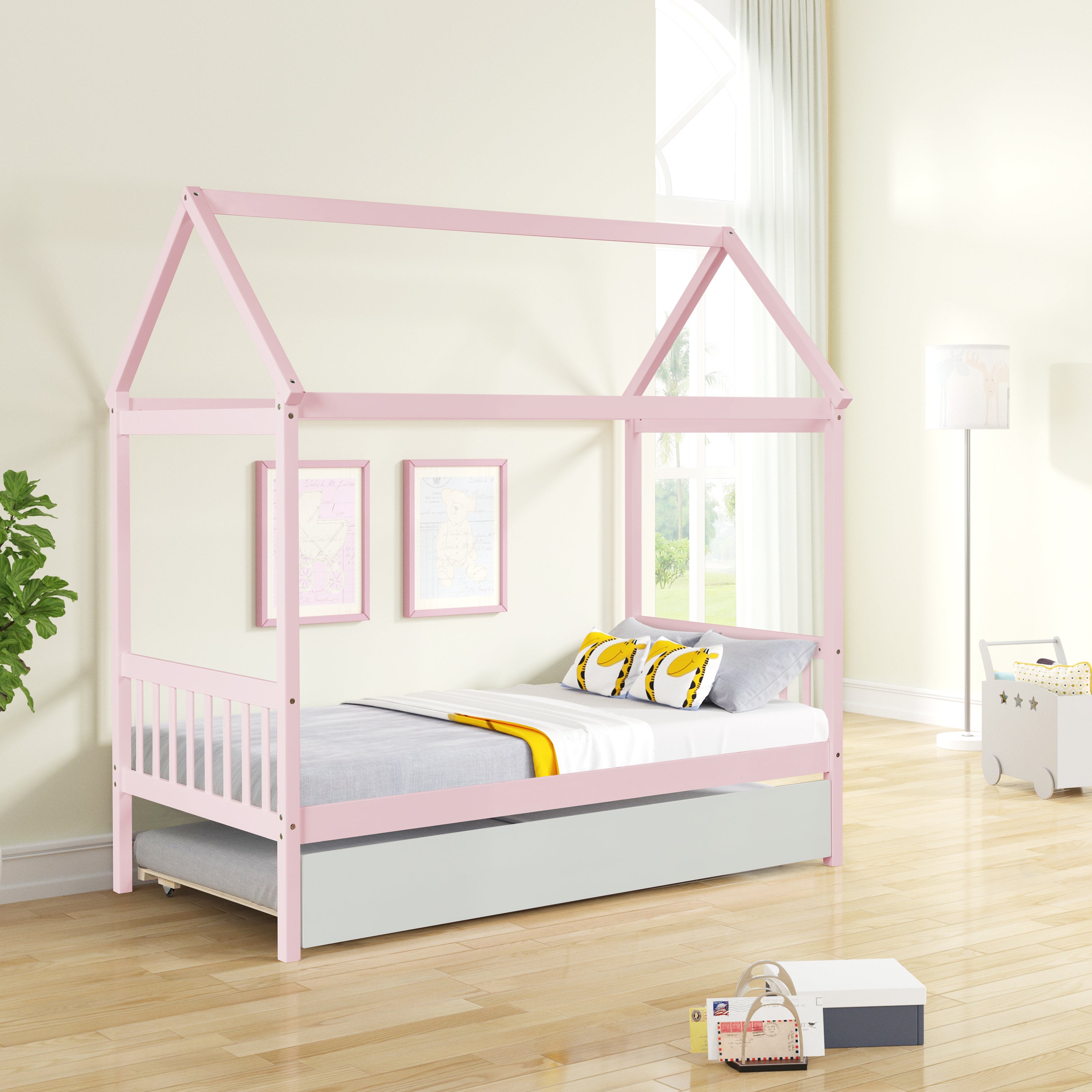 Solid Wood Twin House Bed Frame with Twin Size Trundle For Warm Pink Color, No Box Spring Needed
