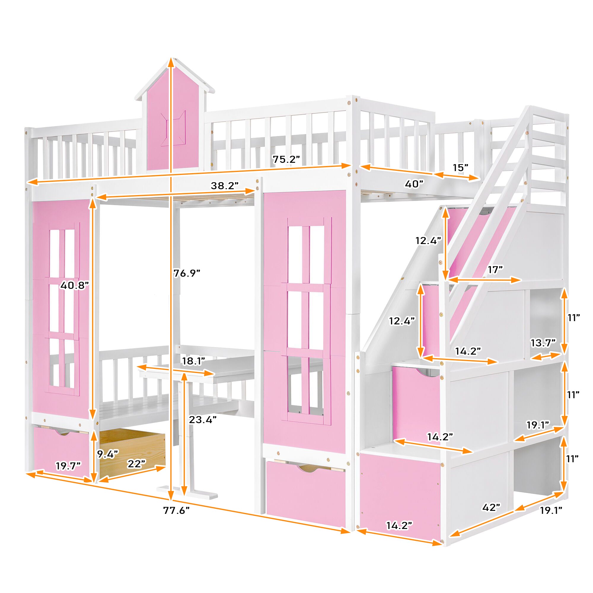 Twin-Over-Twin Bunk Bed with Changeable Table , Bunk Bed Turn into Upper Bed and Down Desk with 2 Drawers - Pink