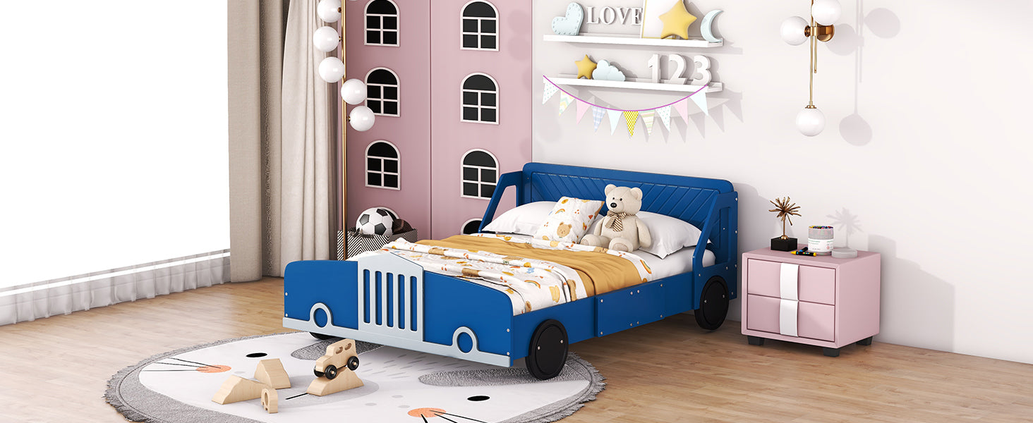 Full Size Car-Shaped Platform Bed with Wheels,Blue