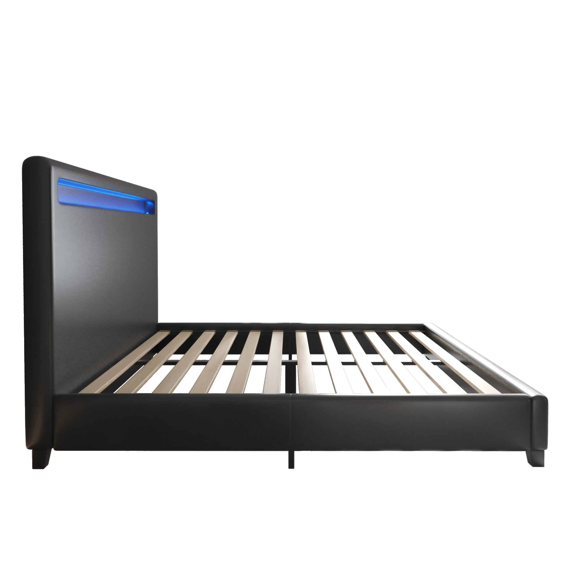 Queen Size Faux Leather Upholstered Platform Bed Frame with LED lighting, Wood Slat Support, No Box Spring Needed, Black