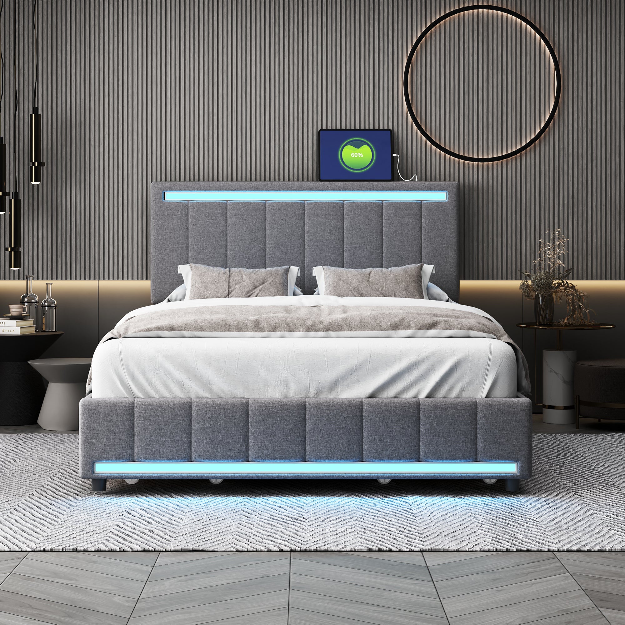Full Size Upholstered Bed with LED Light and 4 Drawers, Modern Platform Bed with a set of Sockets and USB Ports, Linen Fabric, Gray