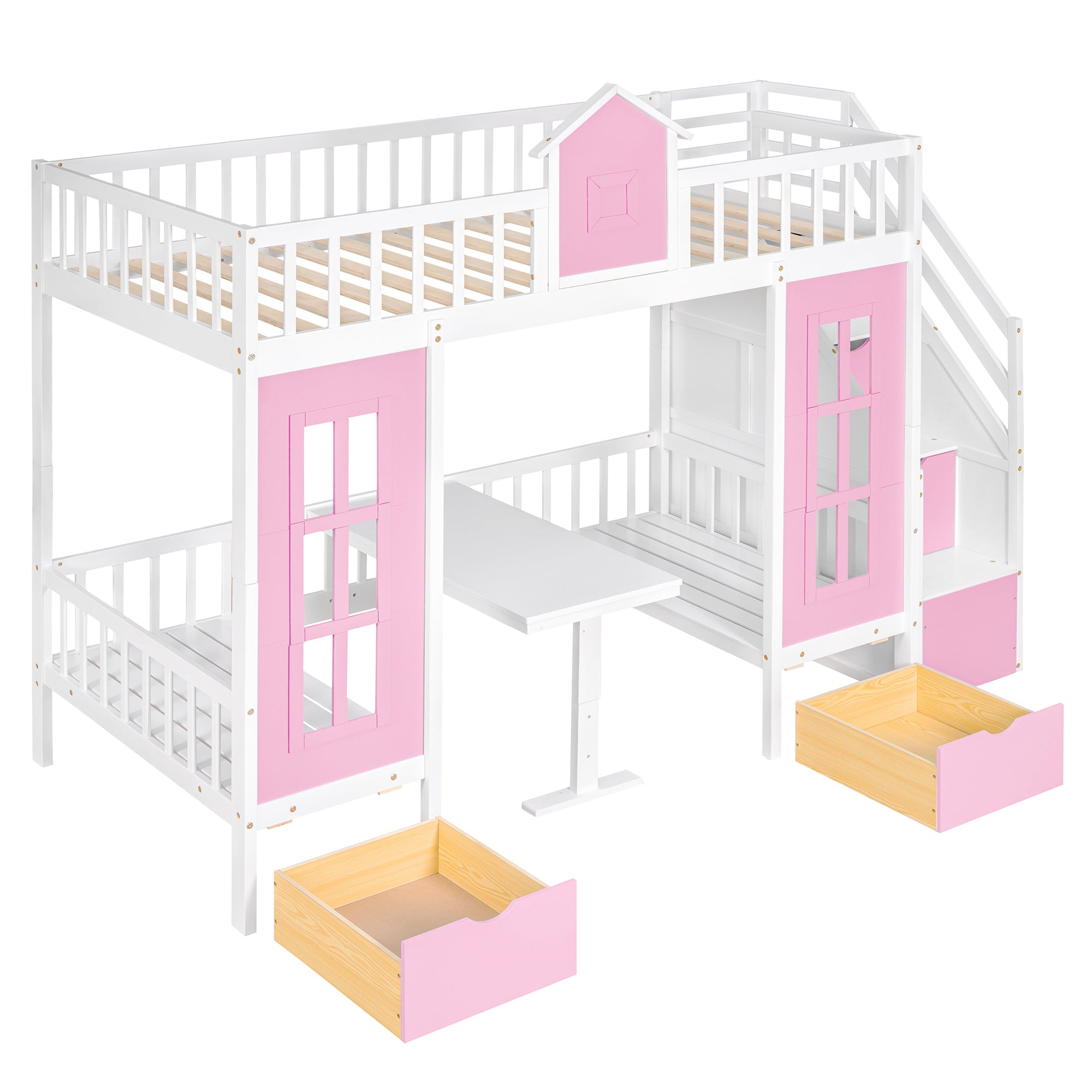 Twin-Over-Twin Bunk Bed with Changeable Table , Bunk Bed Turn into Upper Bed and Down Desk with 2 Drawers - Pink