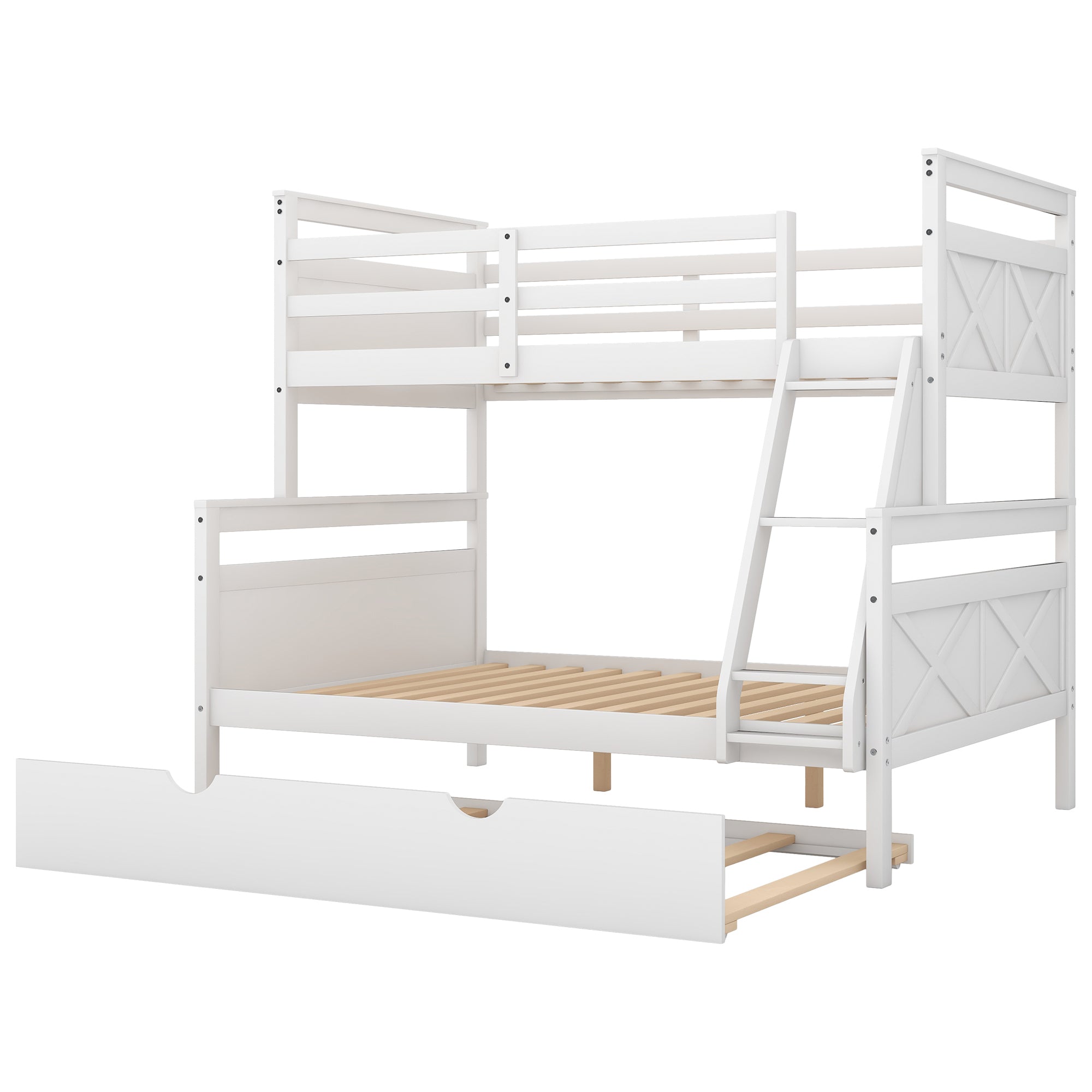 Twin over Full Bunk Bed with Ladder, Twin Size Trundle, Safety Guardrail, White