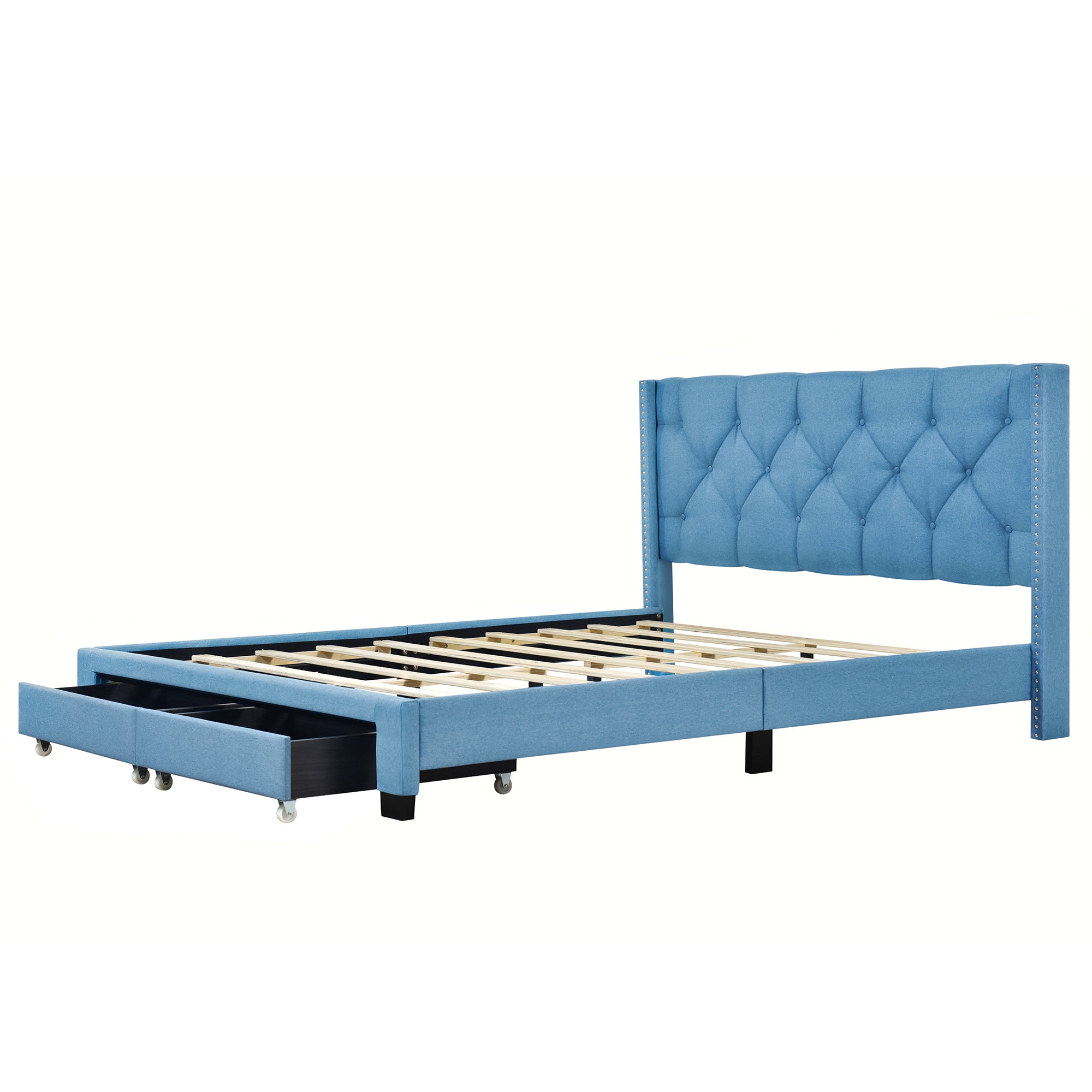 Queen Size Storage Bed Linen Upholstered Platform Bed with Two Drawers - Blue