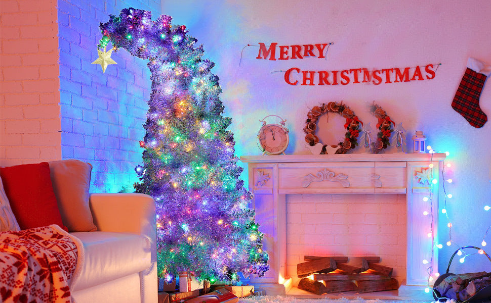 6 FT Fir Bent Top Christmas Tree, Artificial Christmas Tree With Gold Star, 900 Silver Branch Tips, 300 Colorful LED Lights With 8 Flashing Ways